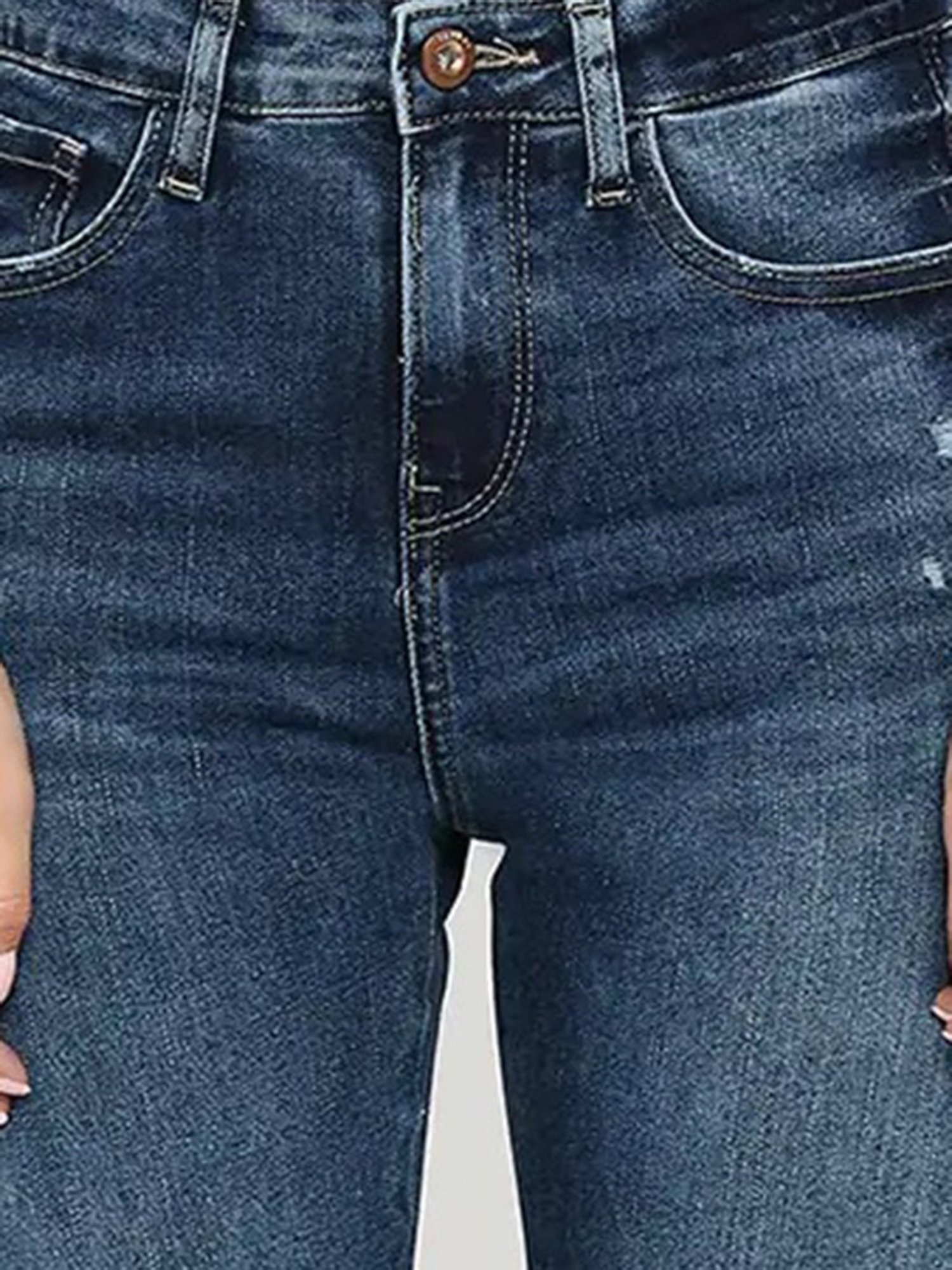 Spykar Blue Cotton Distressed Mid Rise Jeans