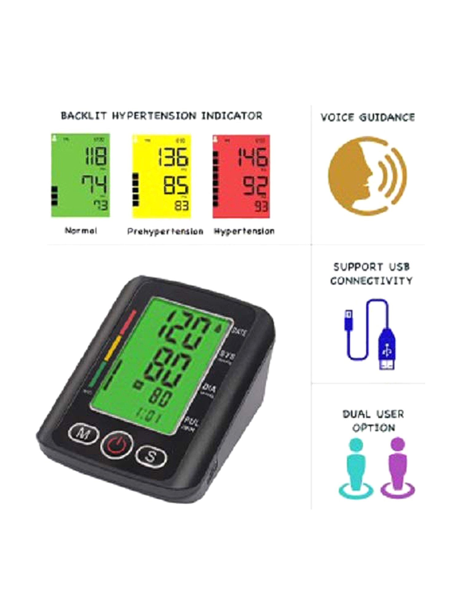 MCP BP113 Digital Blood Pressure Monitor with Backlight and charging USB Port (Black)