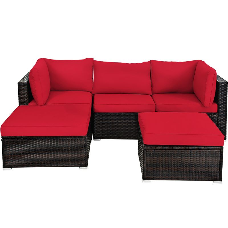 Costway 5PCS Patio Rattan Furniture Set Sectional Conversation Set Ottoman Table Red