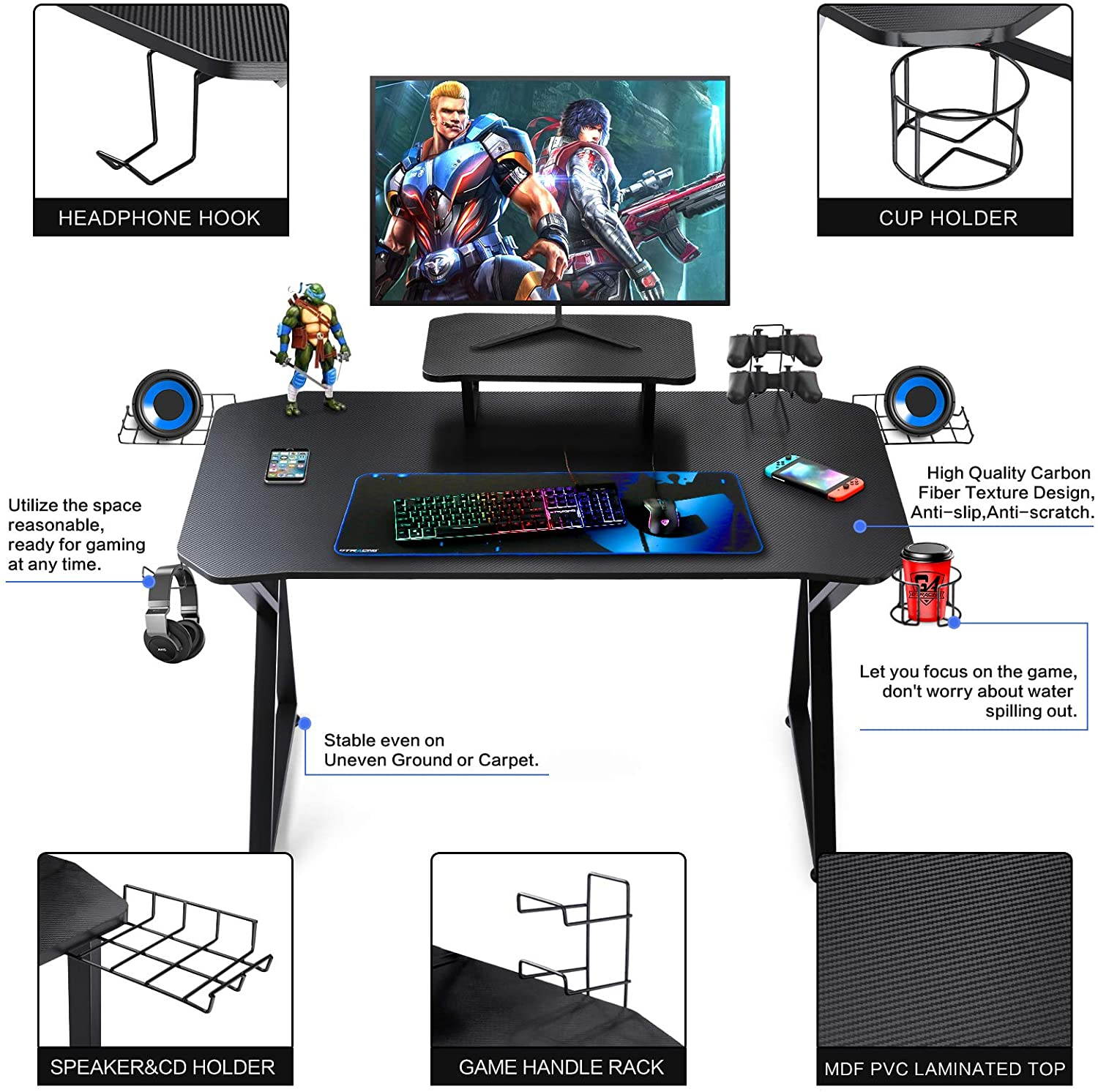 Gaming Desk 39 Inch Computer Desk Gaming Table K Shaped Pc Gaming Workstation Home Office Desk with Headphone/CD Holder, Gaming Controller Rrack,Black