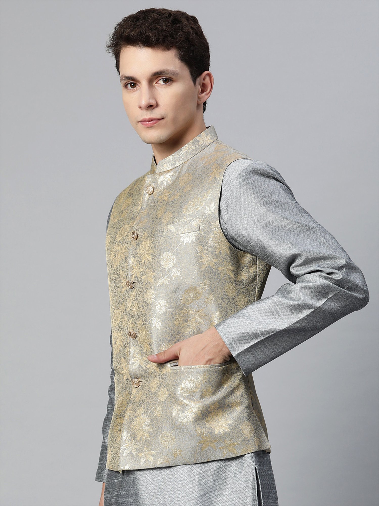 ManQ Grey Slim Fit Nehru Jacket