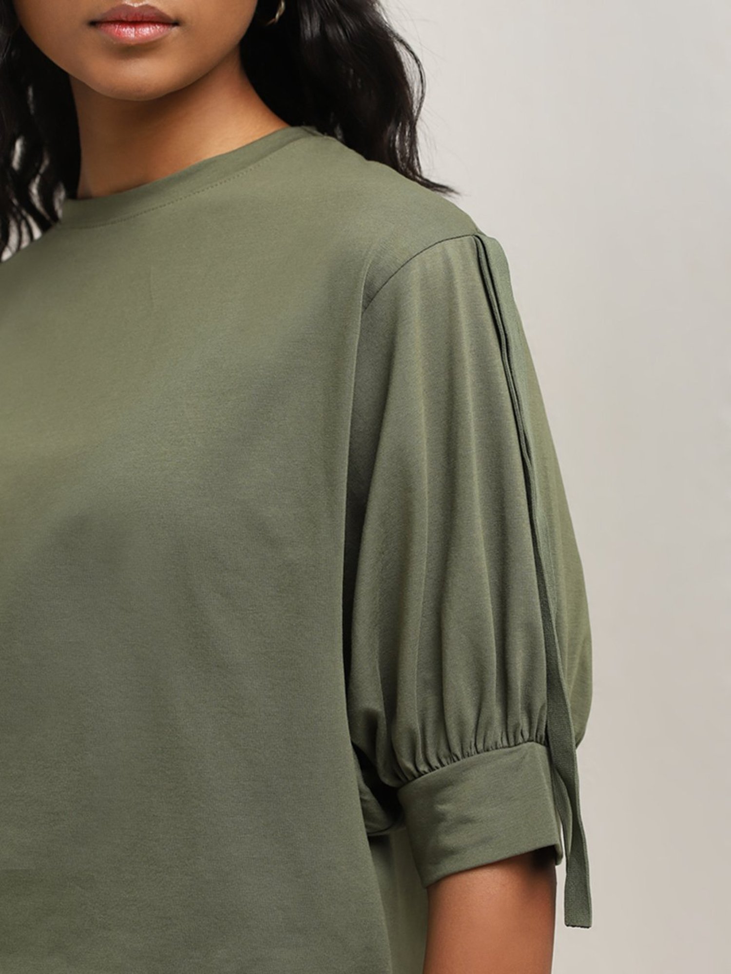 LOV by Westside Olive Solid Cotton Blend Top