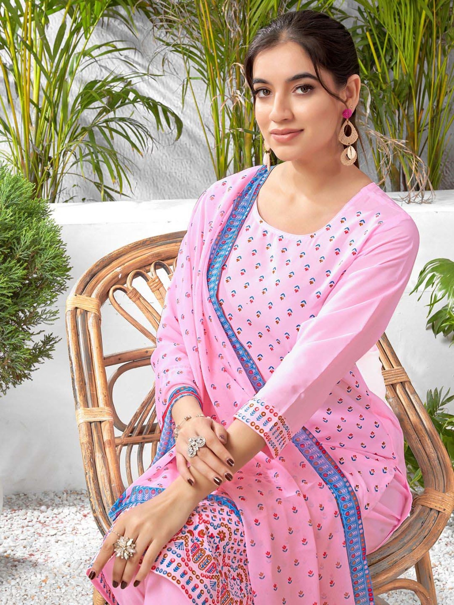 Skylee Pink Printed Kurta Pant Set With Dupatta