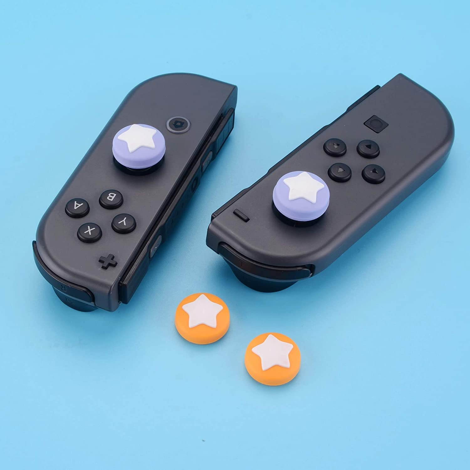 eXtremeRate PlayVital Star Design Cute Switch Thumb Grip Caps, Light Violet & Caution Yellow Joystick Caps for Nintendo Switch Lite, Silicone Analog Cover Thumb Stick Grips for Joy-Con Controller
