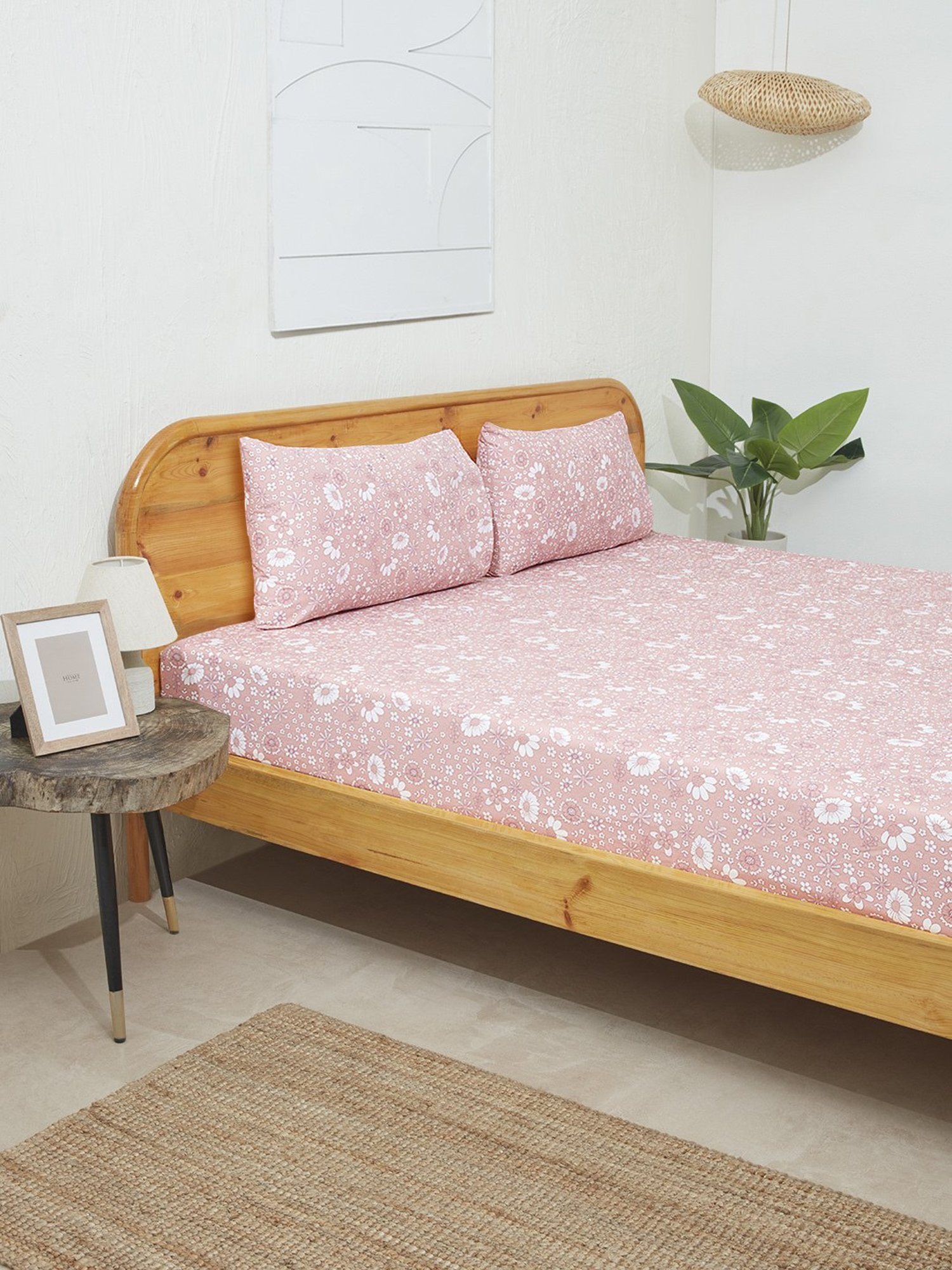 Westside Home Pink Floral Design Double Bed Fitted Sheet & Pillowcase