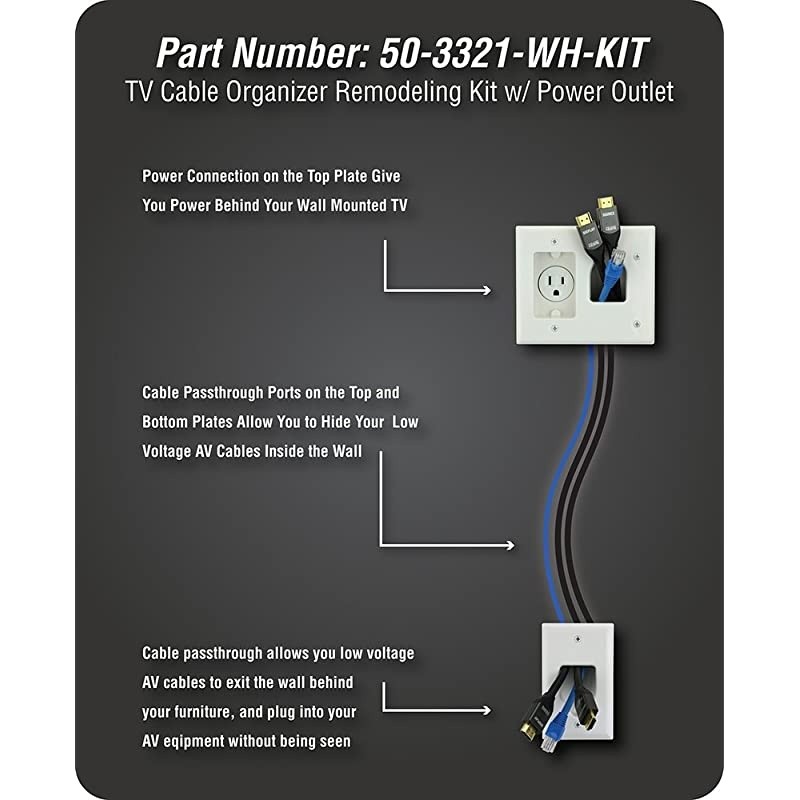 Electronics 503321WHKIT Flat Panel TV Cable Organizer Remodeling Kit with Power Outlet White