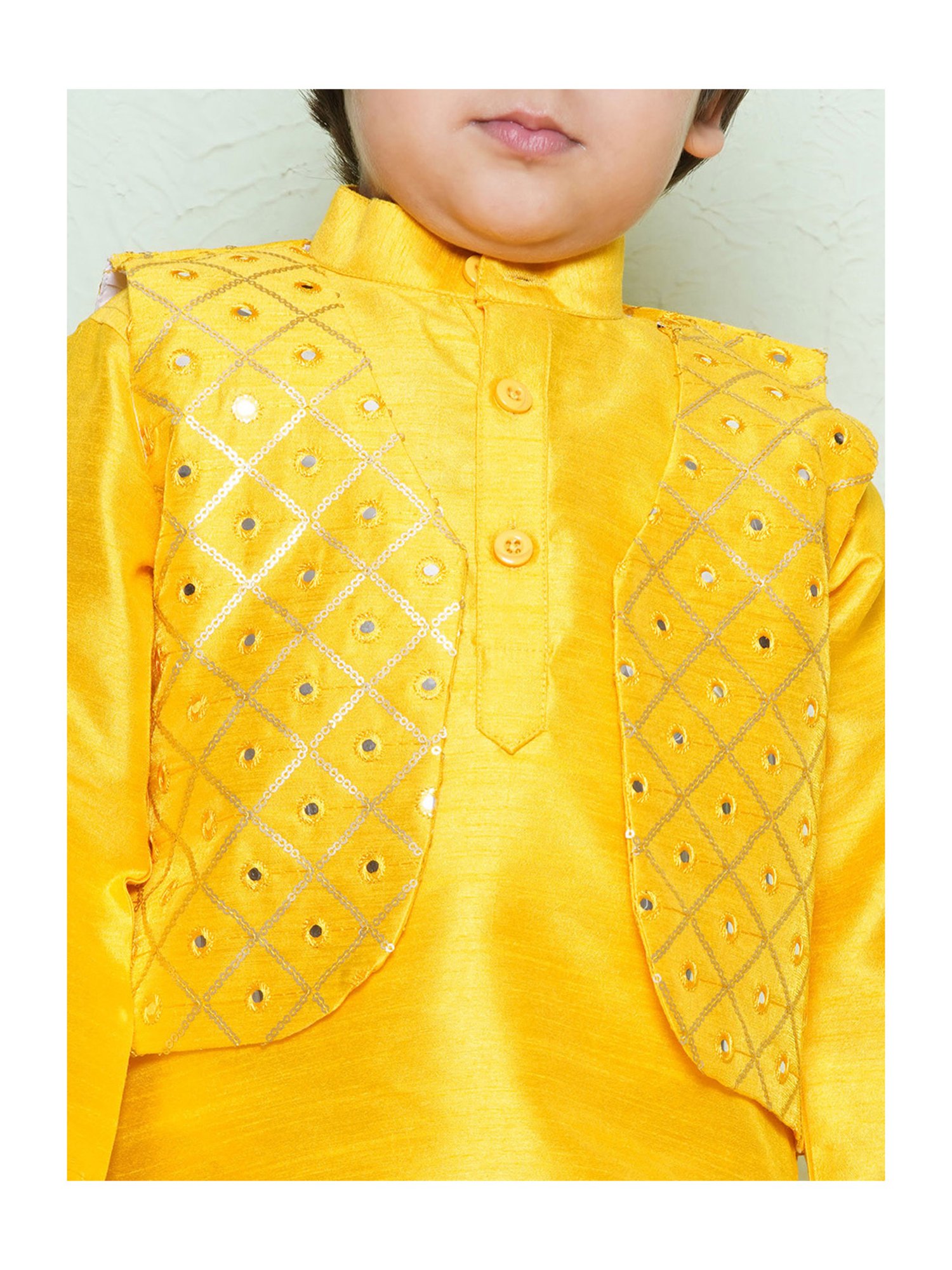 AJ Dezines Kids Mustard Embellished Full Sleeves Kurta, Dhoti with Waistcoat