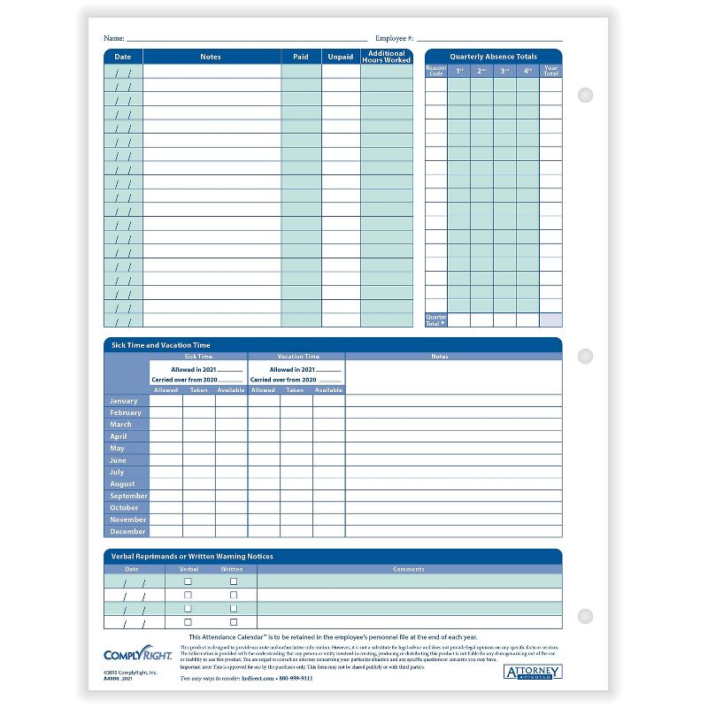 ComplyRight 2021 Attendance Calendar Card, White, Pack of 25 (A4000W25) 