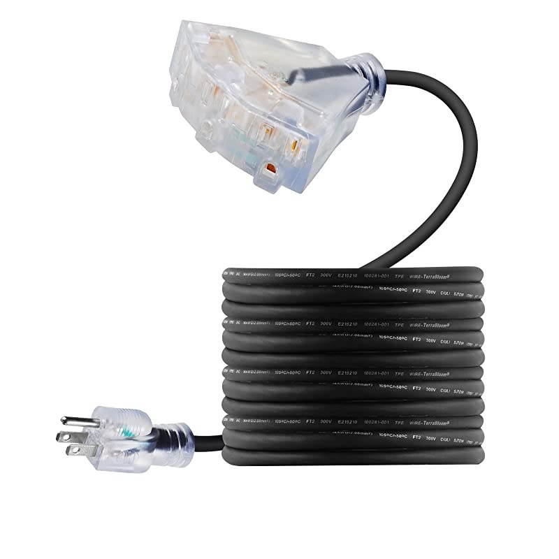 FT 143 Outdoor Extension Cord Rubber Flexible Triple Outlet Black Wire with Live Power Light Indicator Amp