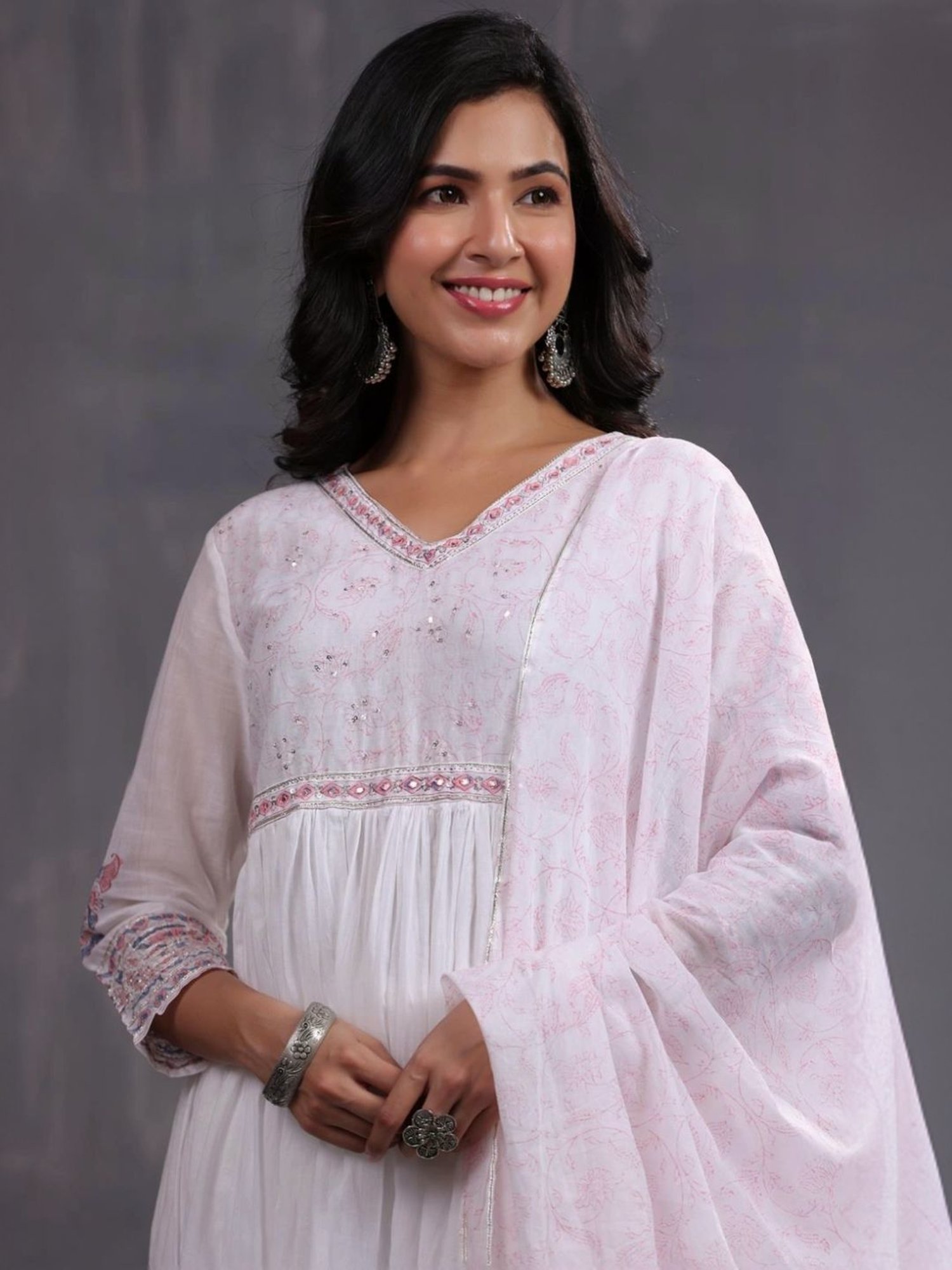 Scakhi White Hand-Block Printed Anarkali with Pant and Dupatta