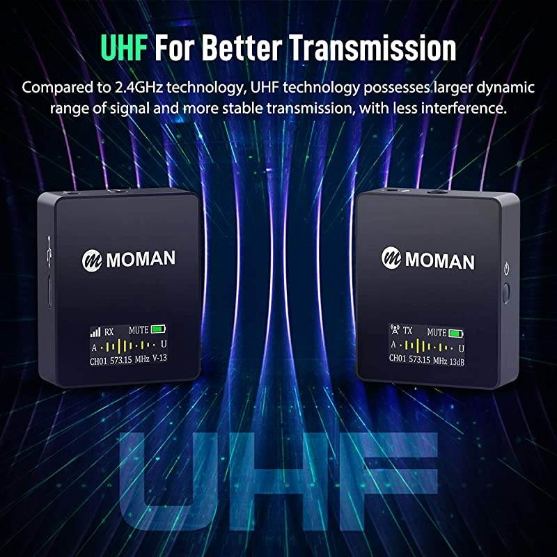 Connects C1 Professional-Wireless-Lavalier-Microphone-System 36 Channels UHF 1 Transmitter with 1 Receiver 70m/229.66ft OLED Screen for DSLR/Mirrorless Camera/Smartphone/Camcorder/Audio Recorder