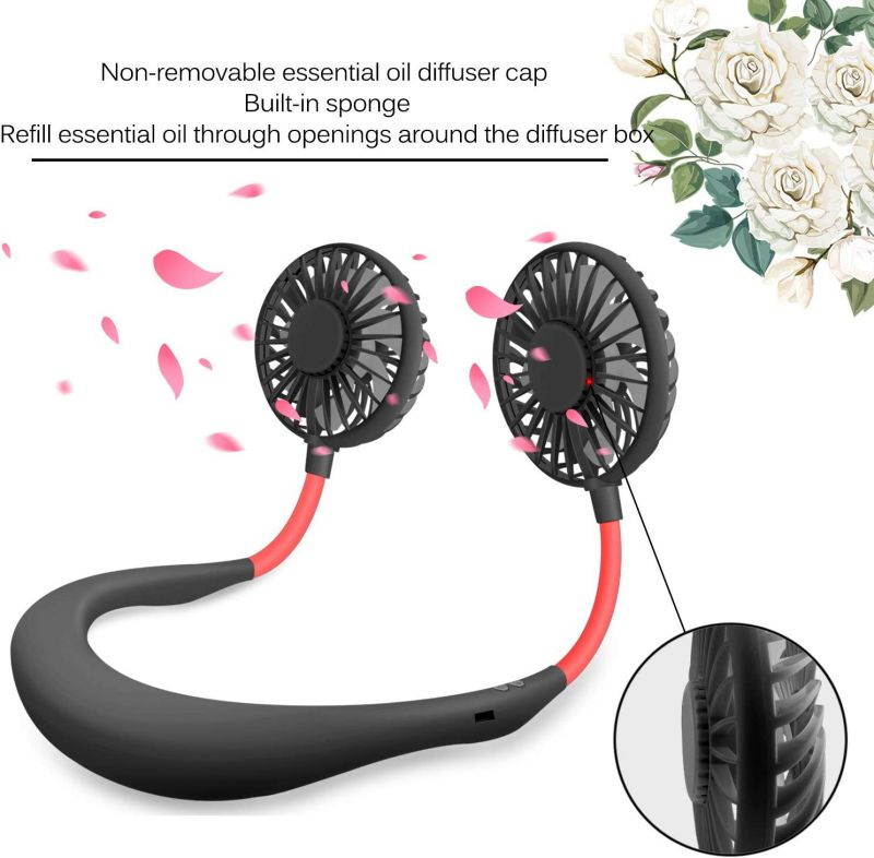 DONWELL Hands Free Neck Fan, Portable Mini Rechargeable LED Neckband Fan with Dual Wind Head and Aromatherapy for Sports, Travelling, Outdoor, Office - 3 Speeds, Battery Operated (Black)