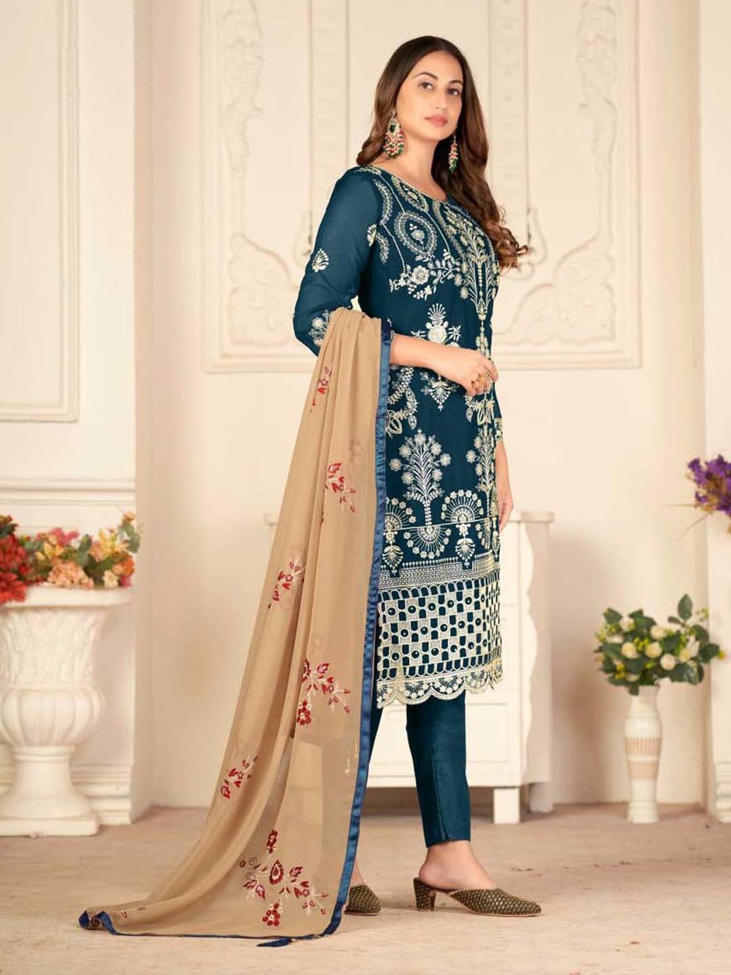 Warthy Ent Blue Embroidered Semi Stitched Dress Material