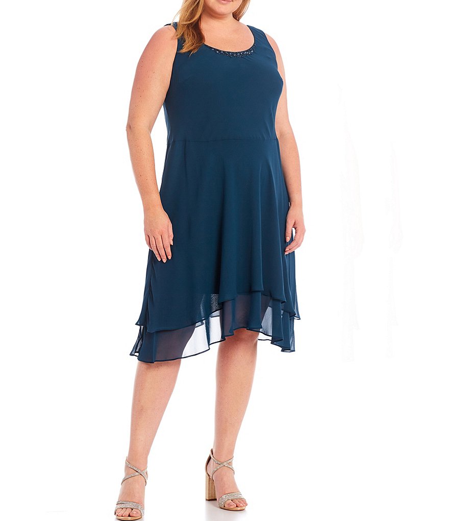 Ignite Evenings Plus Size Scoop Neck Long Sleeve Sequined Shoulder Midi Length Tiered Hem Jacket Dress