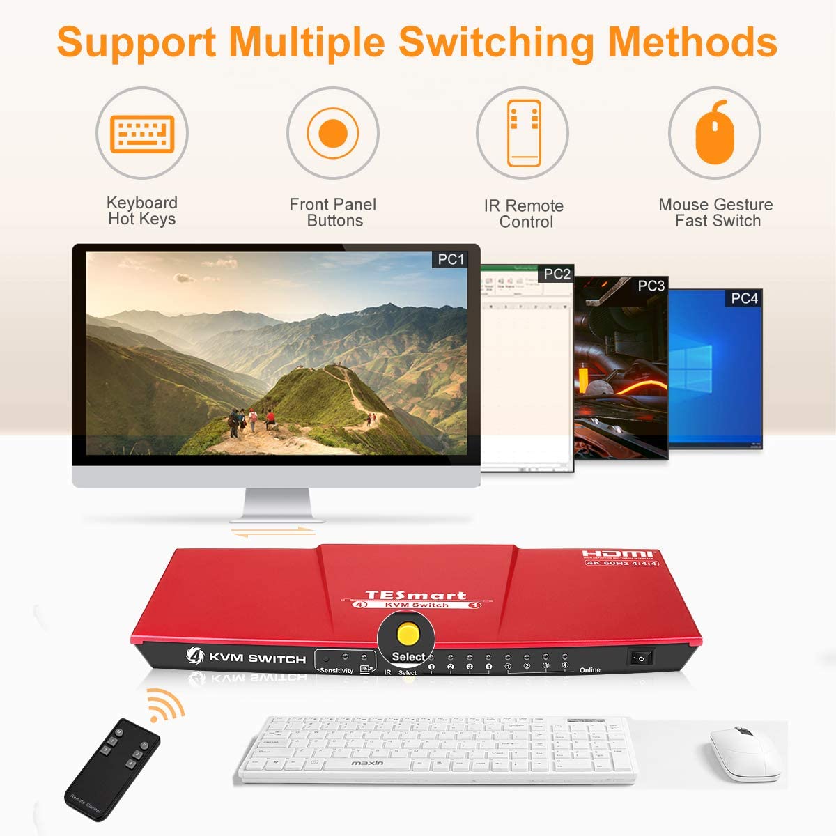 TESmart HDMI KVM Switch 4 ports 4 in 1 out  , support 4k 3840*2160@60Hz 4:4:4  Support HDR 10 and Dolby Vision ,Complaint with HDCP 2.2, With USB2.0 and audio output ports