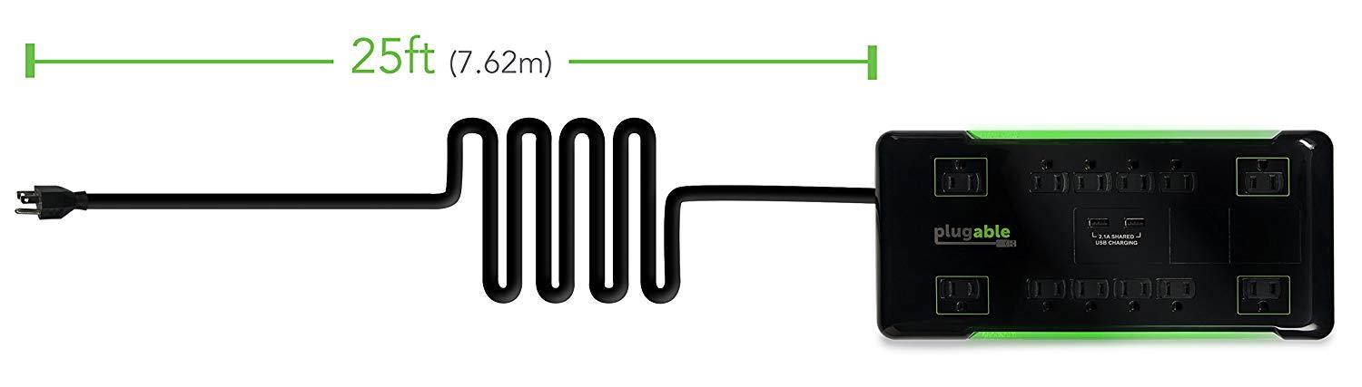Plugable 12 AC Outlet Surge Protector - 25 Foot Power Cord with 2 Built-in USB Ports (10.5W USB Total) (Black)