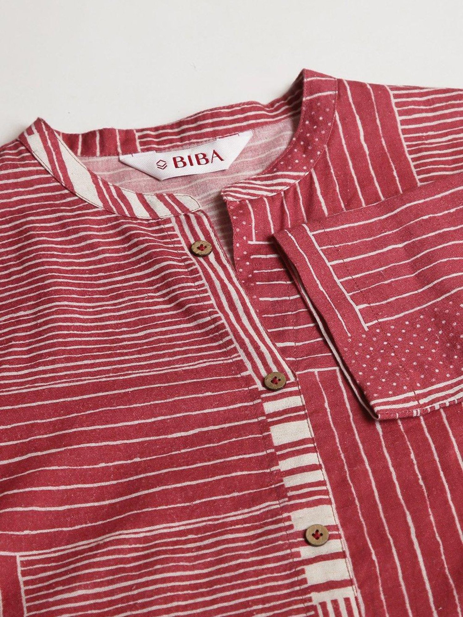 Biba Red & Off White Striped Kurta Pant Set