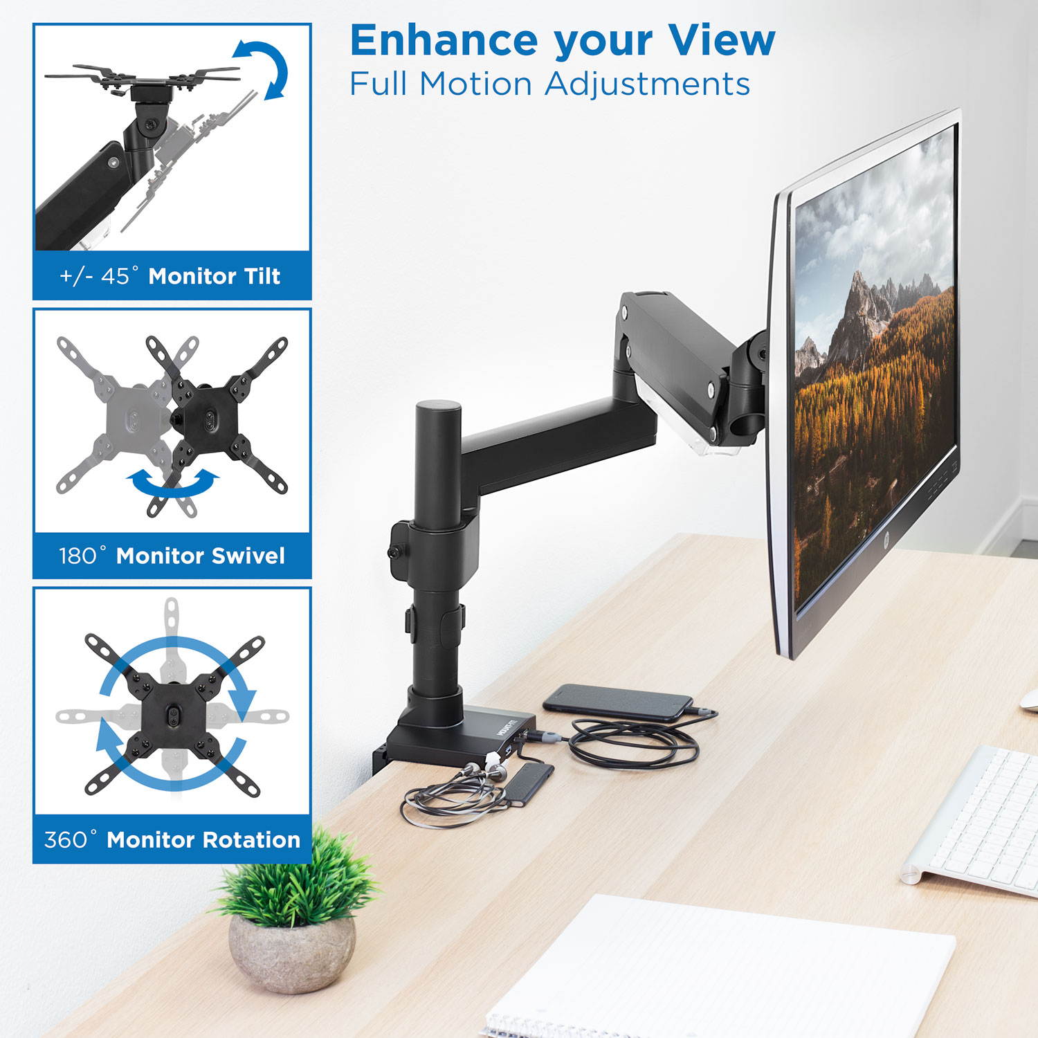 Mount-It! Single Monitor Arm Desk Mount | 35" Max Screen Size | Built In USB and Aux Ports