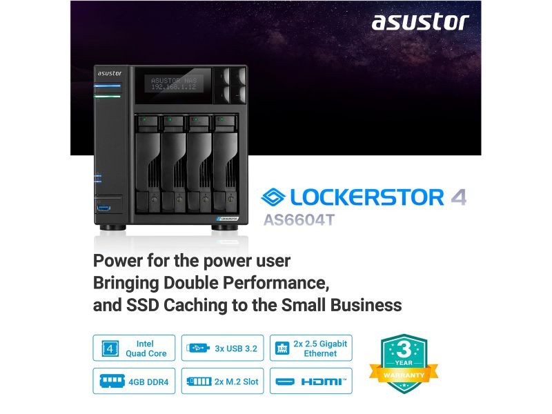 Asustor AS6604T 4Bay NAS Intel Gemini Lake -Refresh Quad-Core 4GB DDR4 SODIMM M.2 Slots Network Attached Storage