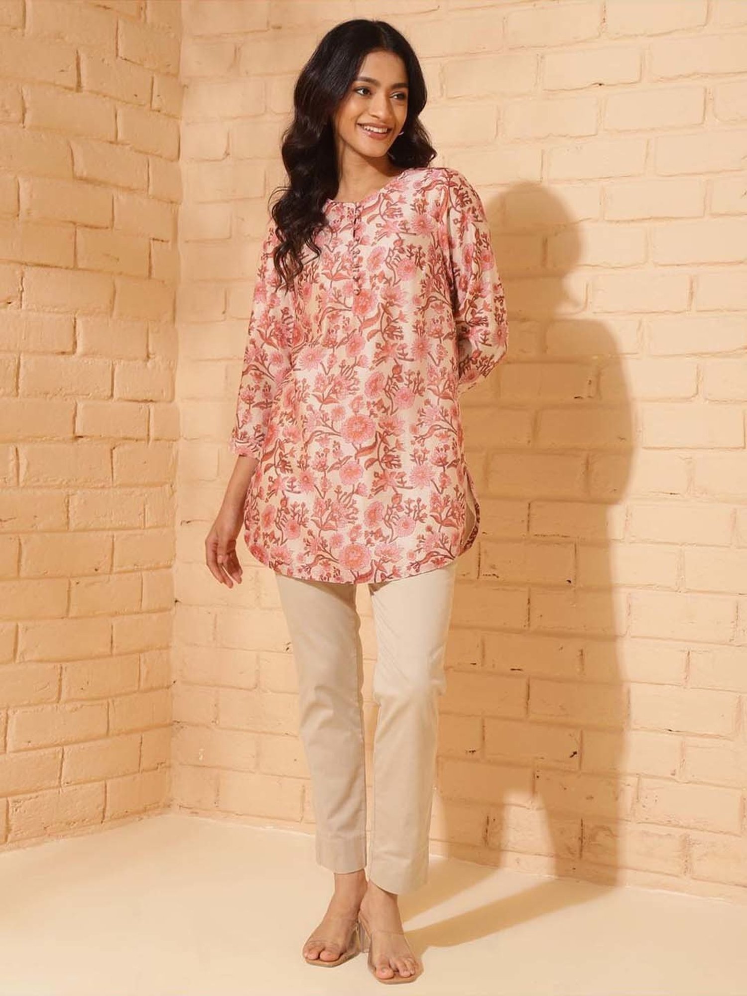 Fabindia White & Pink Floral Print Tunic