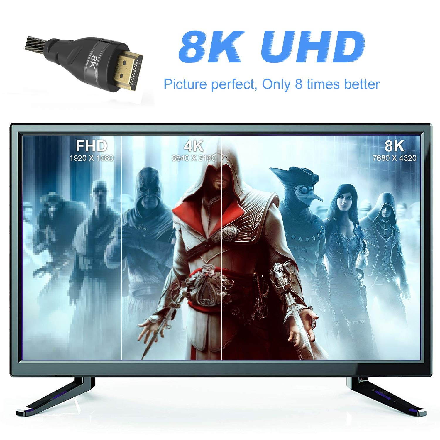 CableDeconn 8K HDMI 2.1 Copper Cord Real UHD HDR 8K 48Gbps,8K@60Hz 4K@120Hz Support HDCP 3D HDMI Cable for PS4 SetTop Box HDTVs Projectors (2m 6.6ft, HDMI Copper Cord 8K)