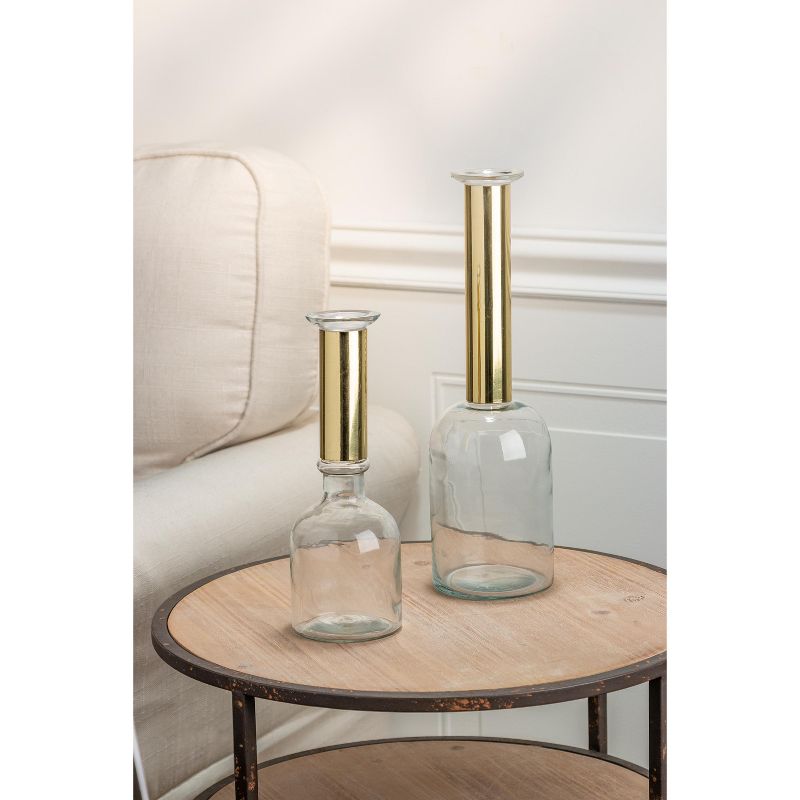 Lone Elm Studios Set of 2 Assorted Size Glass Vases with Brushed Gold Neck