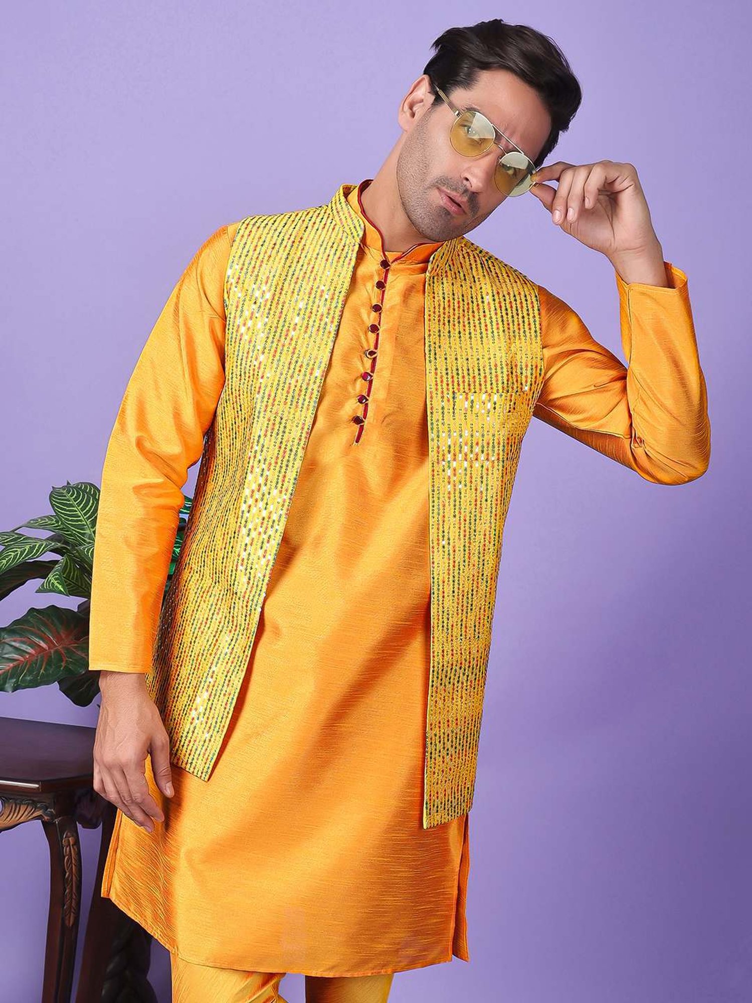 Hangup Yellow Regular Fit Embroidered Nehru Jacket