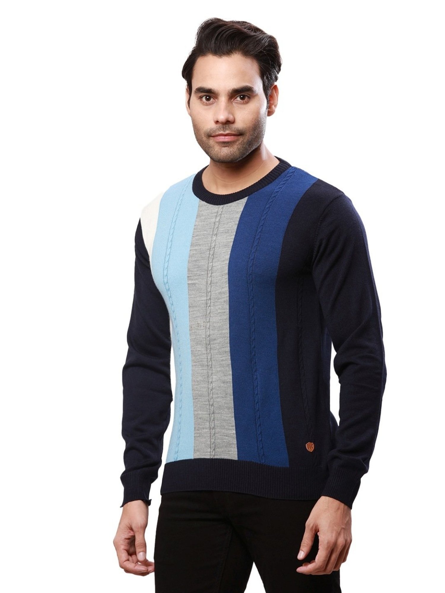 Raymond Blue Regular Fit Striped Sweater