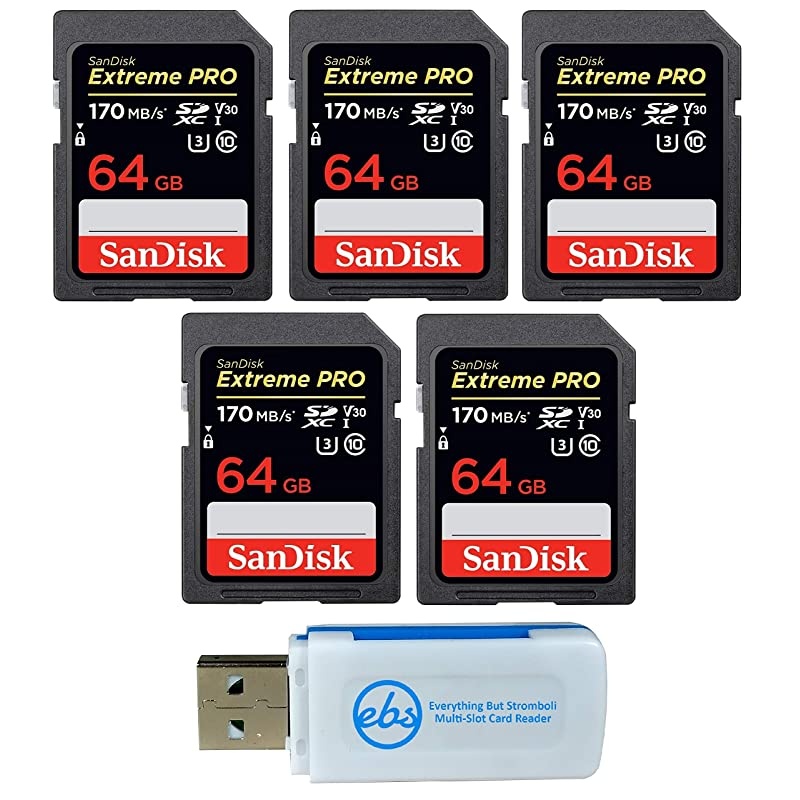 64GB (Five Pack) Extreme Pro Memory Card (SDSDXXY-064G-GN4IN) SDXC 4K V30 UHS-I with Everything But Stromboli (TM) Combo Reader