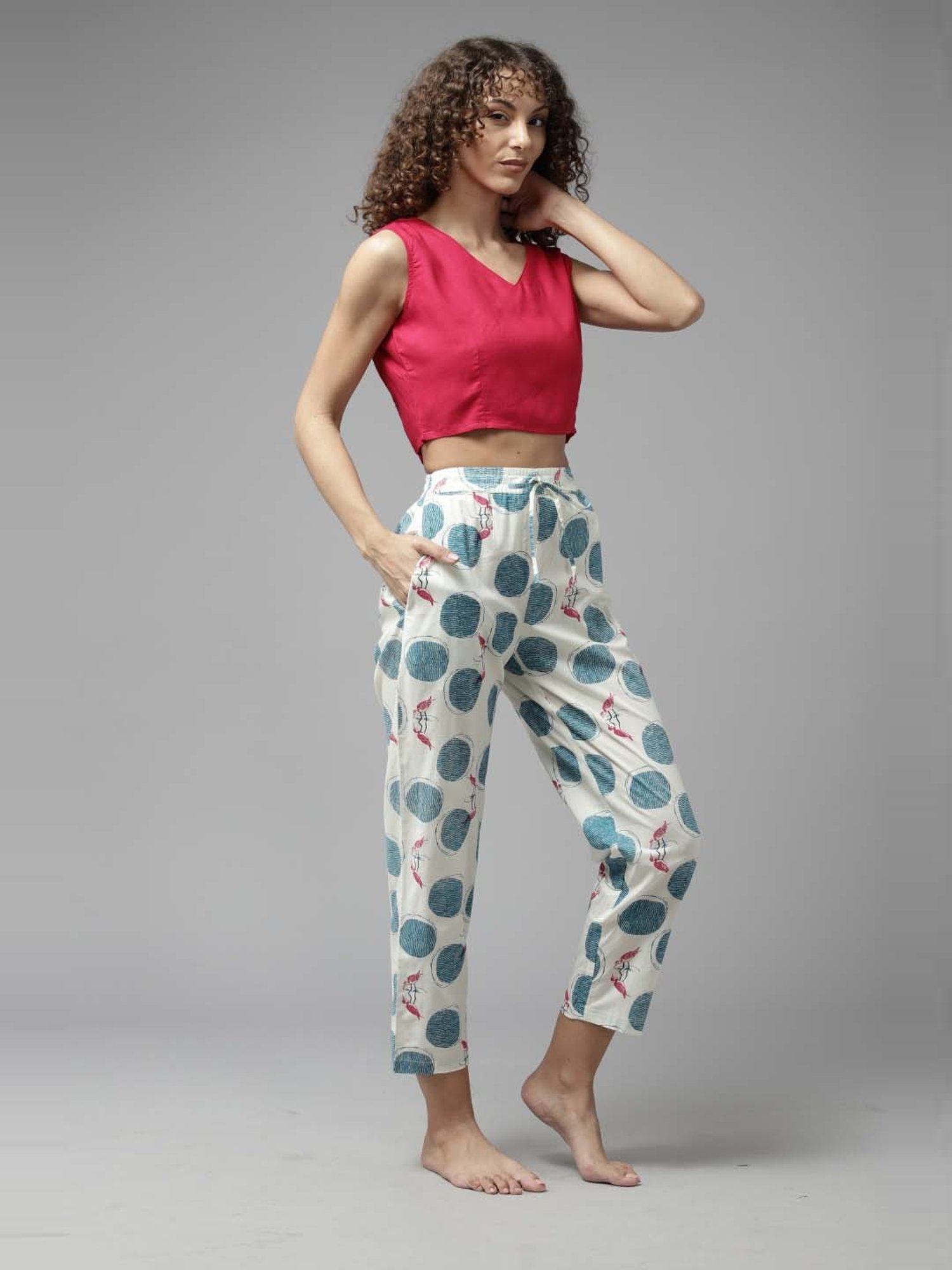 Prakrti White Cotton Printed Crop Top Pant Set With Jacket