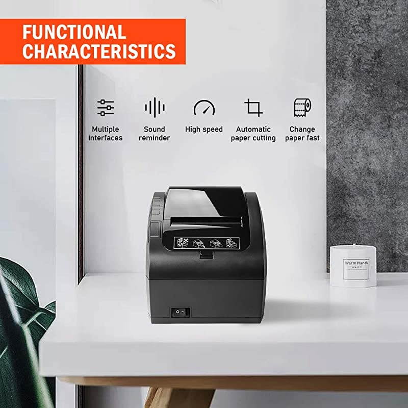 POS Printer, Receipt Printer USB Ethernet 80MM Thermal Printer P047, Impresora termica, Black Supermarket POS Kitchen Printer with Auto Cutter Support Cash Drawer ESC/POS Windows System