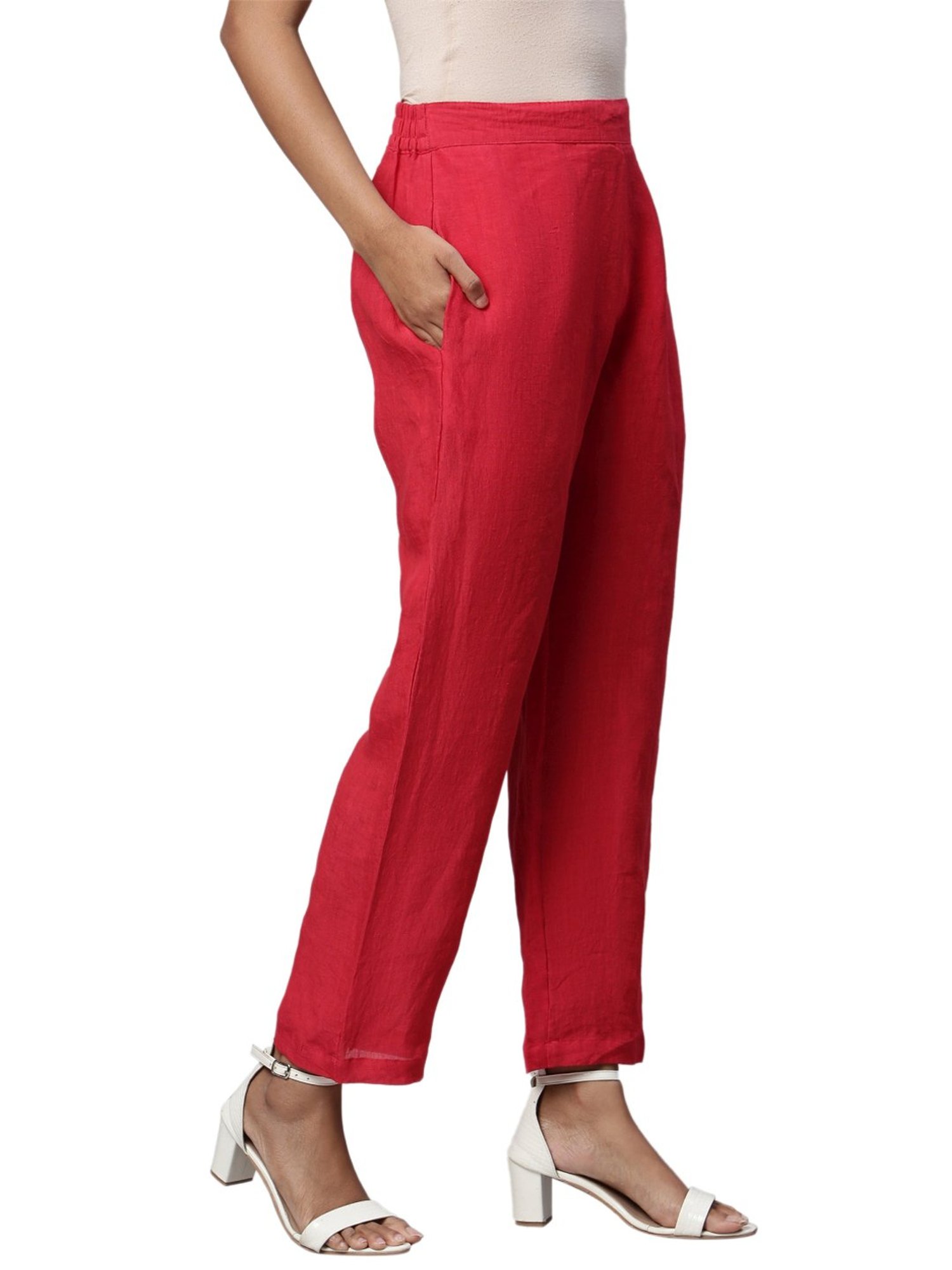 Linen Club Woman Red Regular Fit Pants