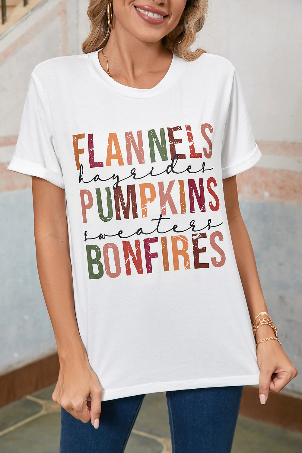 White FLANNELS PUMPKINS BONFIRES Crewneck Graphic Tee