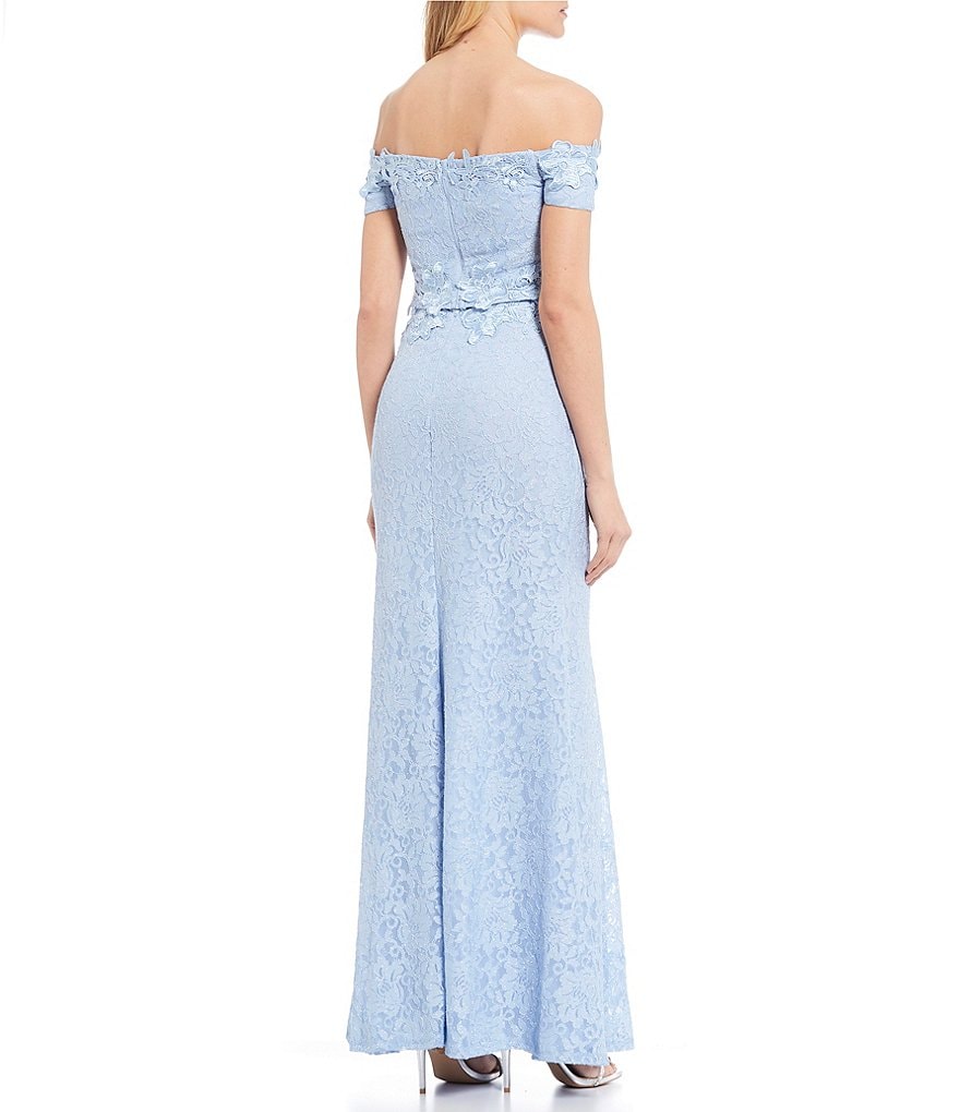 Sequin Hearts Off-The-Shoulder Side Slit Glitter Lace Two-Piece Long Dress