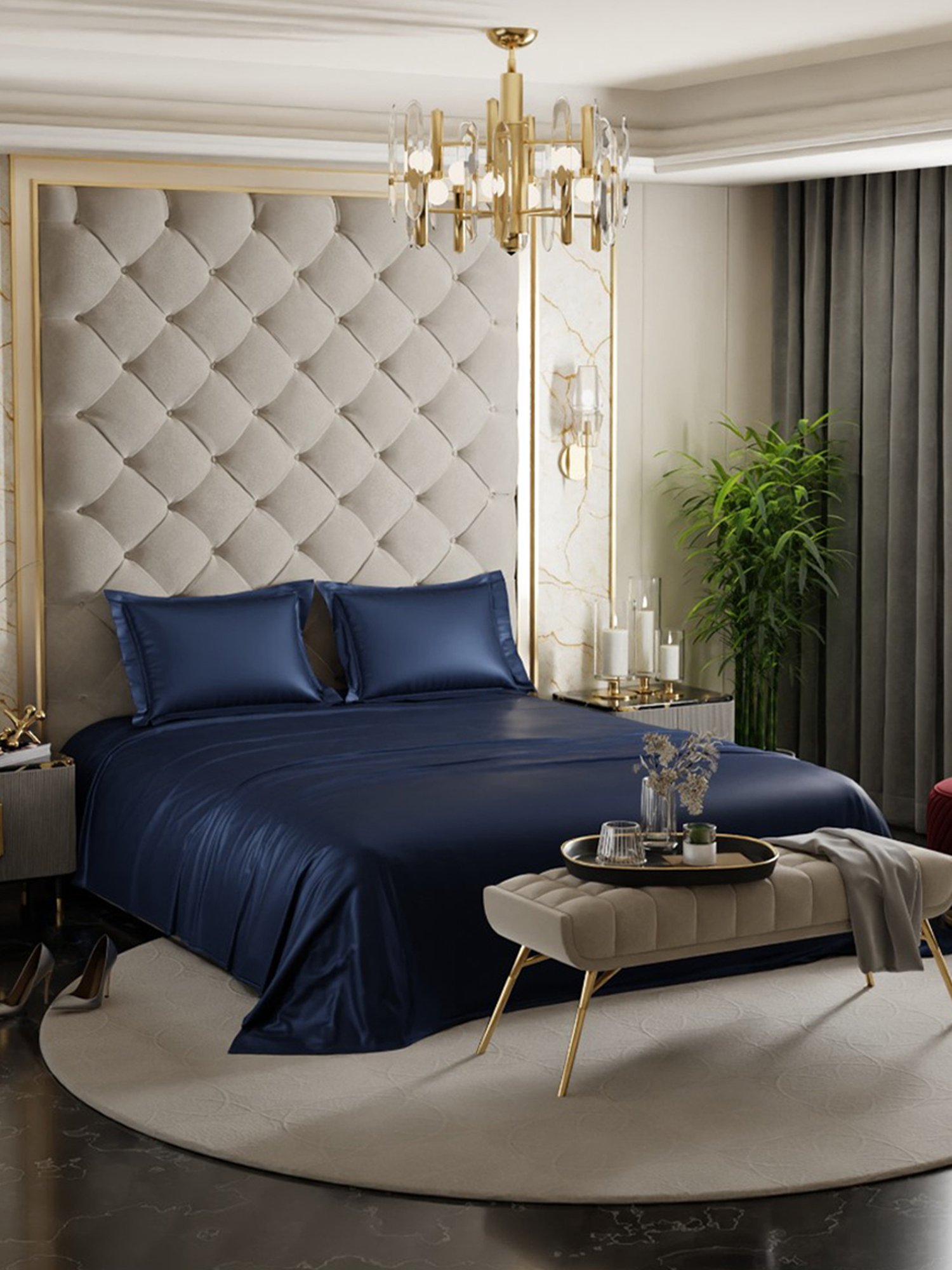 Stoa Paris Date Night Navy Polyester 300 TC Double Bedsheet with 2 Pillow Covers