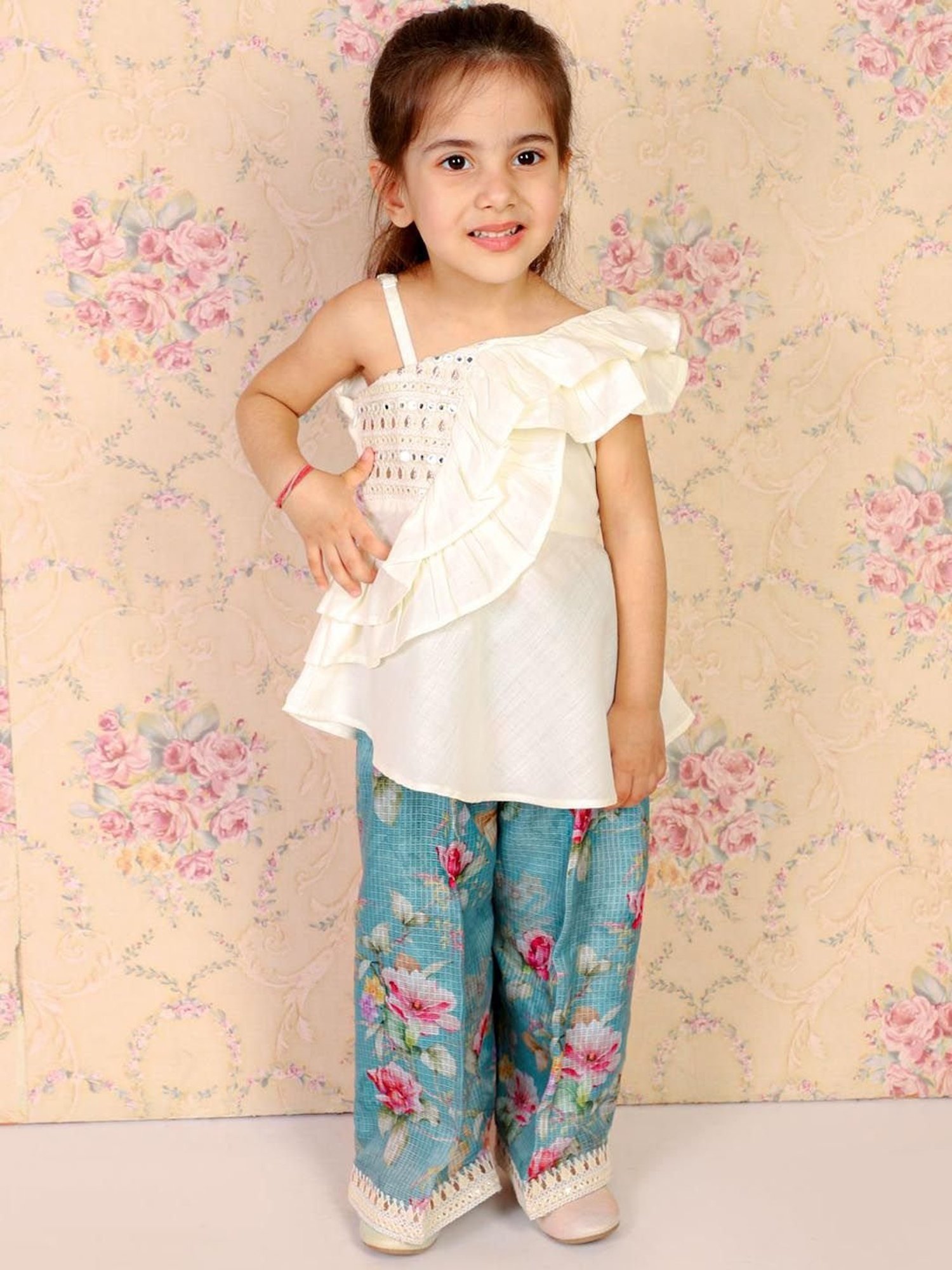 TWISHA Kids Off-White & Blue Embroidered Top Set