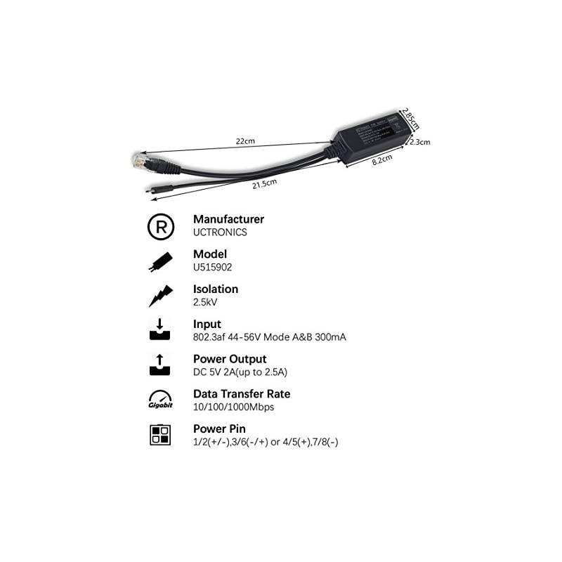PoE Splitter Gigabit 5V Micro USB Power and Ethernet to Raspberry Pi 3B+ Work with Echo Dot Most Micro USB Security Camera and Tablet IEEE 8023af Compliant