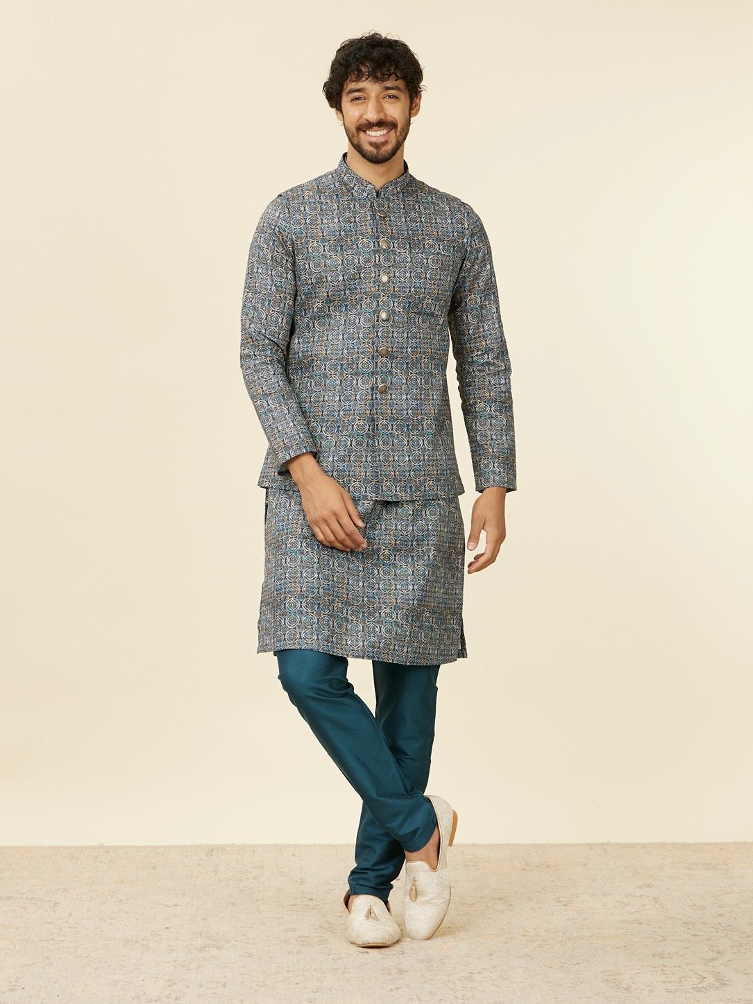 Manyavar Dark Blue Printed Nehru Jacket