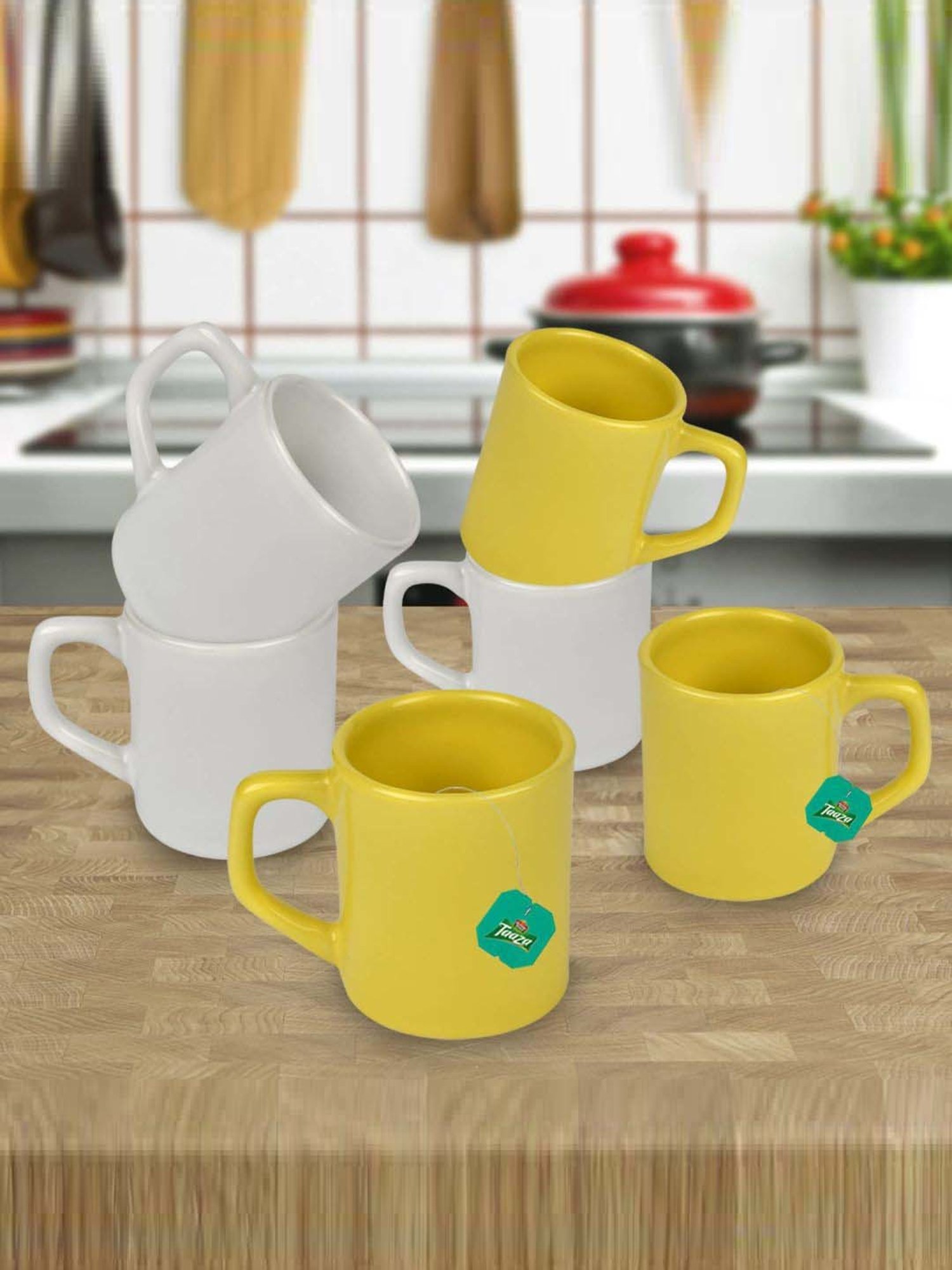 Urban Chef White & Yellow Ceramic Droite Handcrafted Microwave Safe Cup - Set of 6