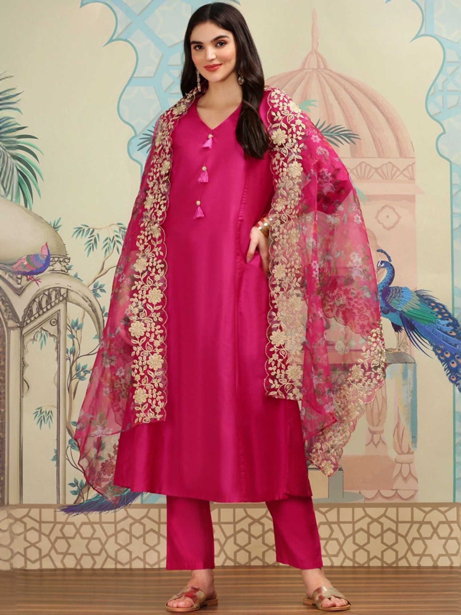 Ishin Pink Plain Kurta & Pants Set with Dupatta