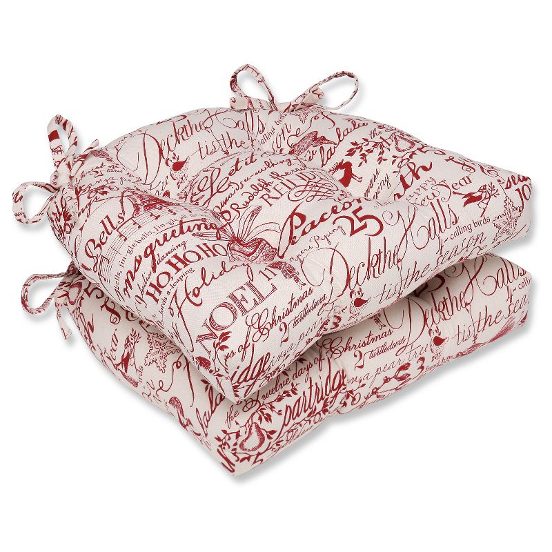 Red Holiday Poinsettia Reversible Chair Pad (Set Of 2) (16.5"X15.5") - Pillow Perfect