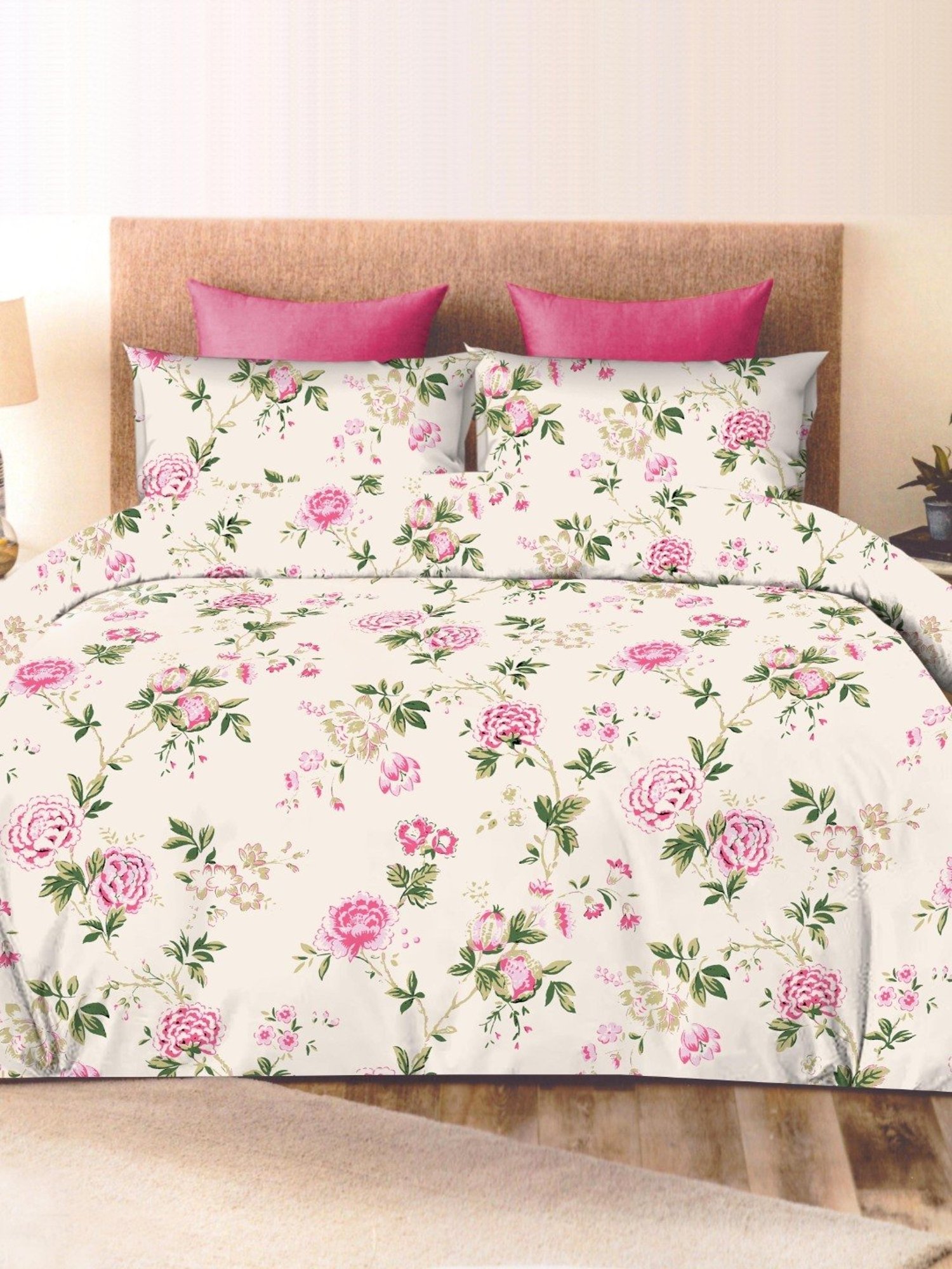Ariana Tuscany Floral Pink 300 TC Cotton Super king Bedsheet with 2 Pillow Covers