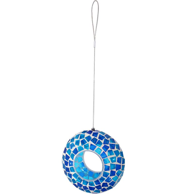 Sunnydaze Outdoor Garden Patio Round Glass with Mosaic Design Hanging Fly-Through Bird Feeder - 6"- Blue