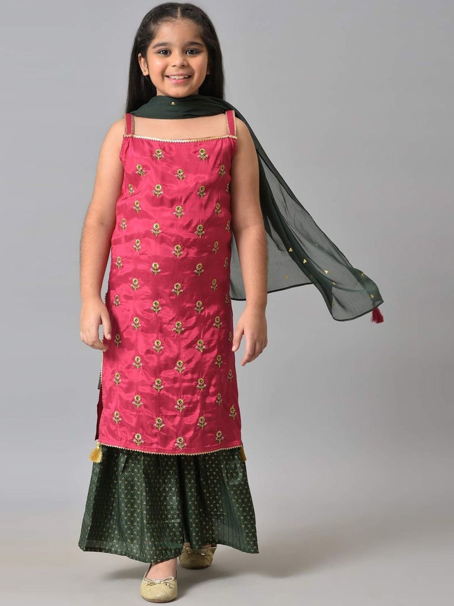 Aurelia Kids Pink & Green Embroidered Kurta Set