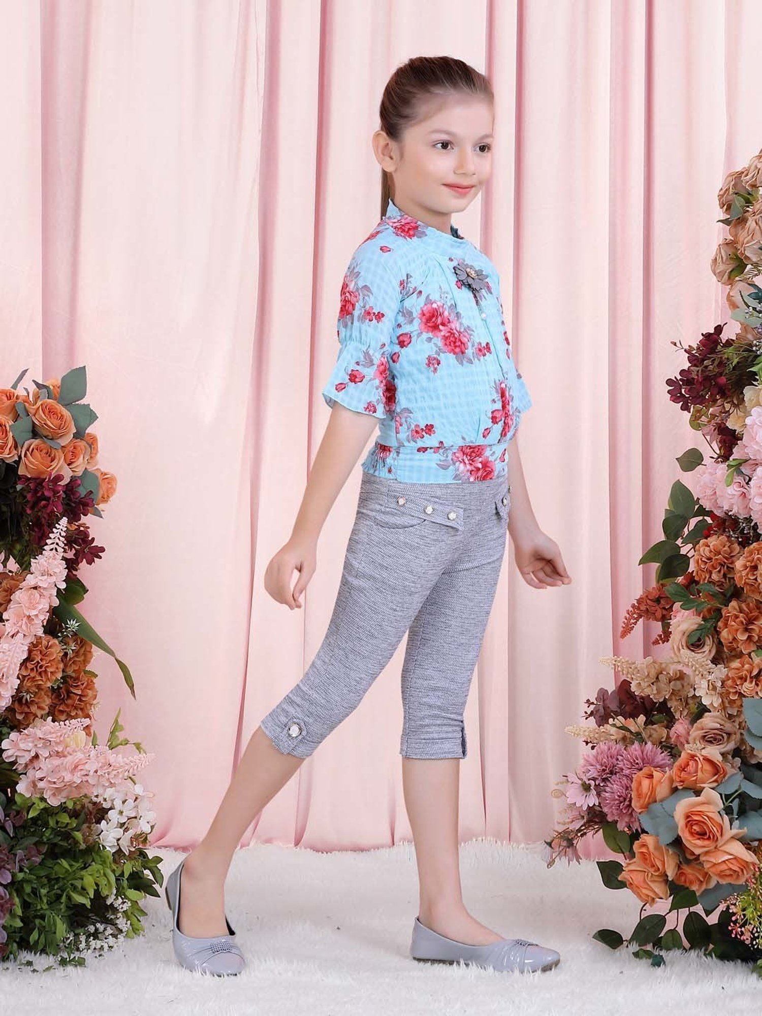 poplins Kids Blue & Grey Cotton Floral Print Top Set