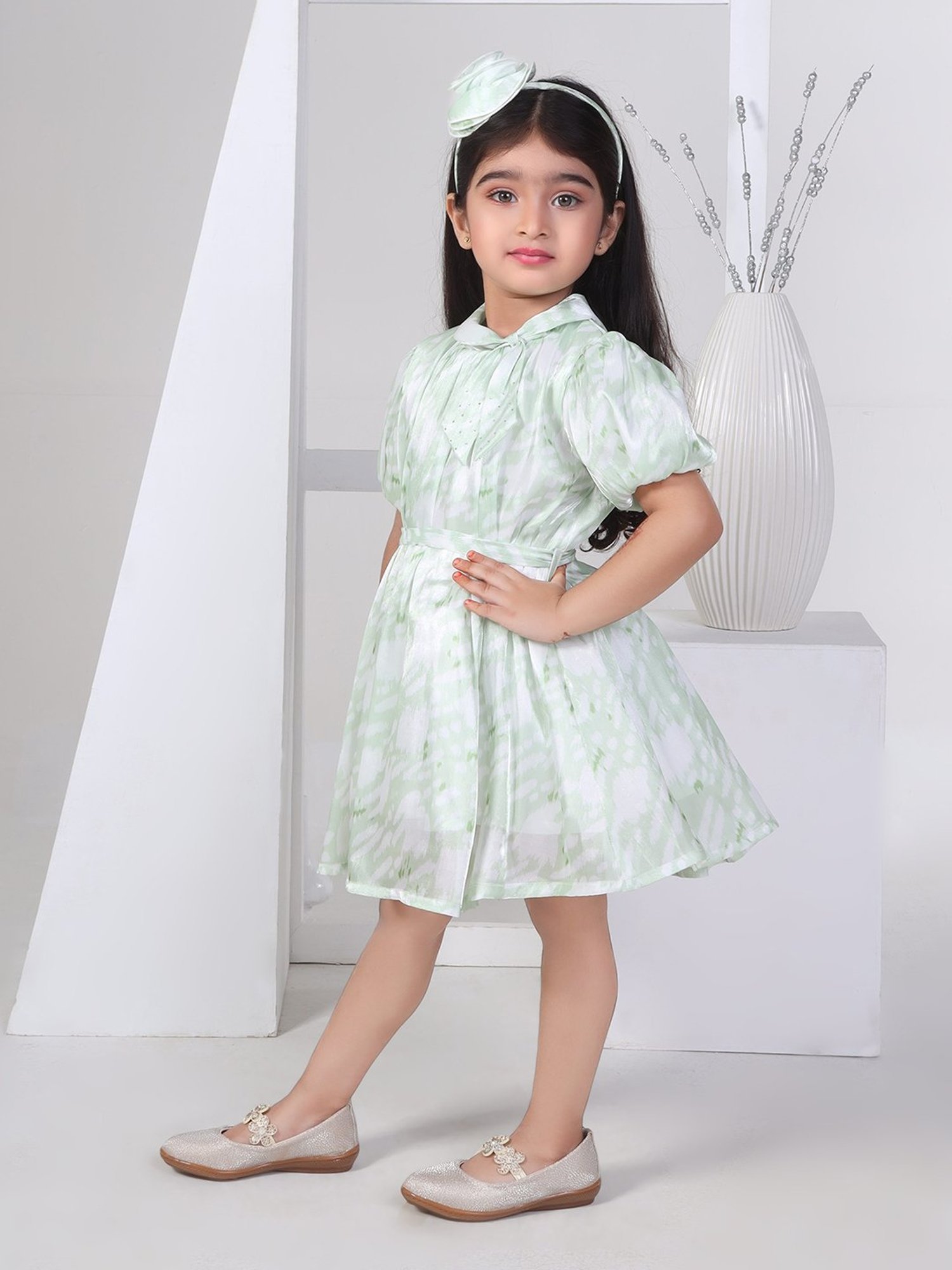 Peppermint Kids Green & White Printed Dress
