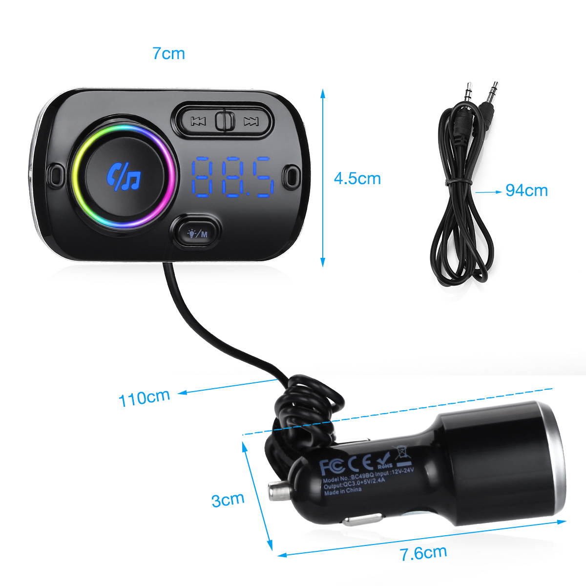 Bluetooth 5.0 Hands-Free Car Kits FM Transmitter AUX MP3 Player USB Fast Charging Charger for Smartphones Audio Players, Black
