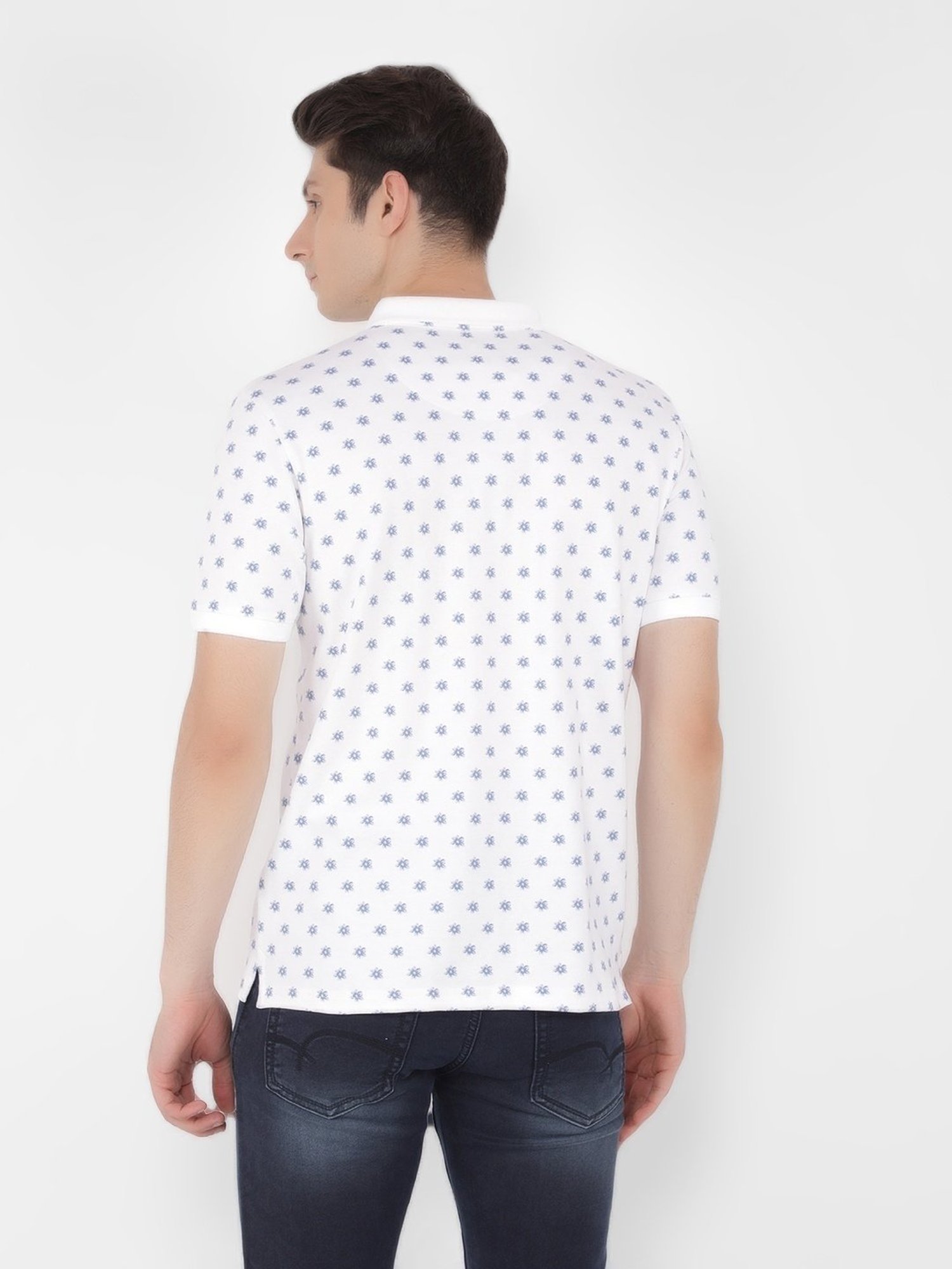 Crimsoune Club White Cotton Slim Fit Floral Print Polo T-Shirt