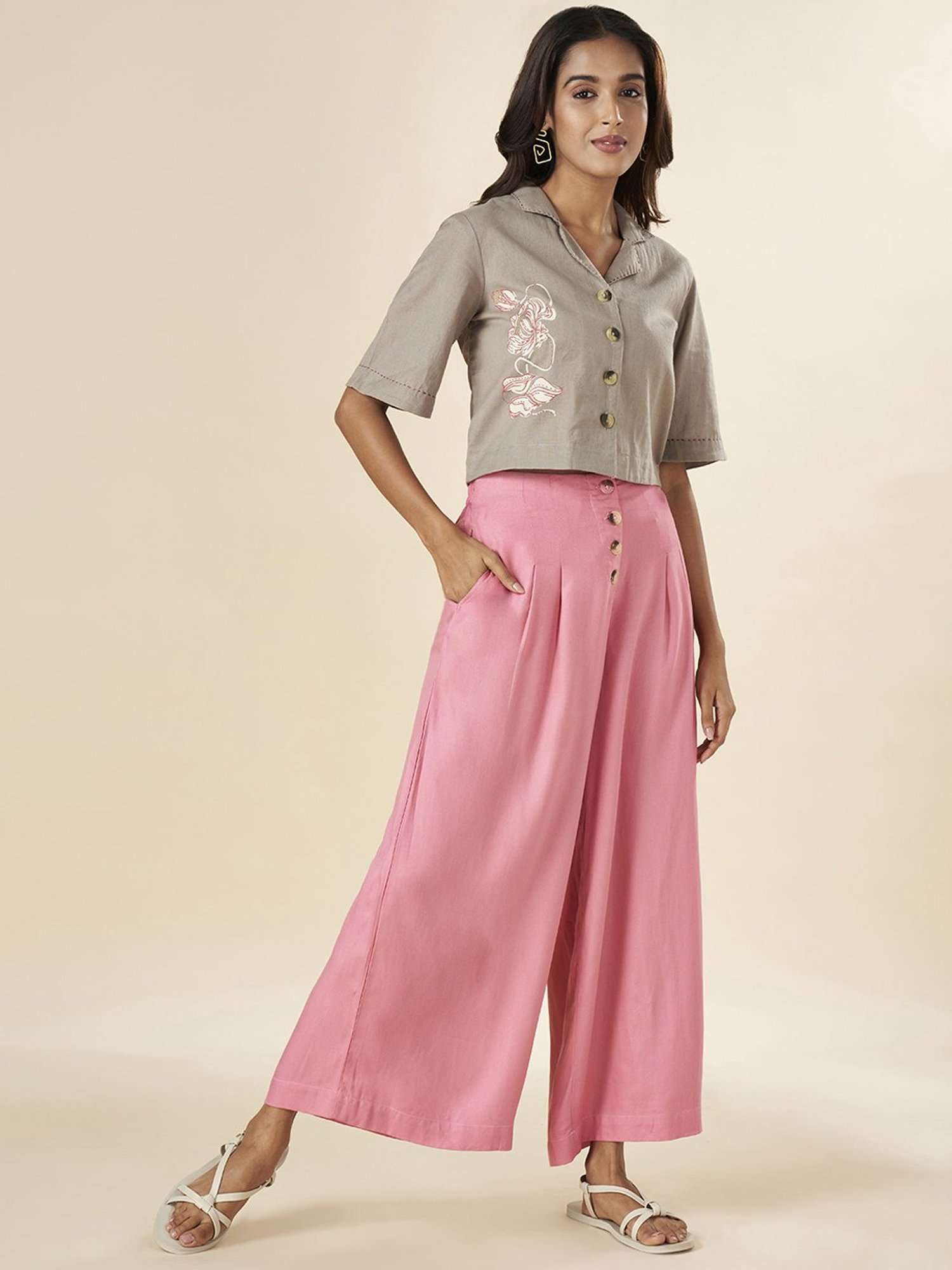 Akkriti by Pantaloons Grey Cotton Floral Print Crop Top