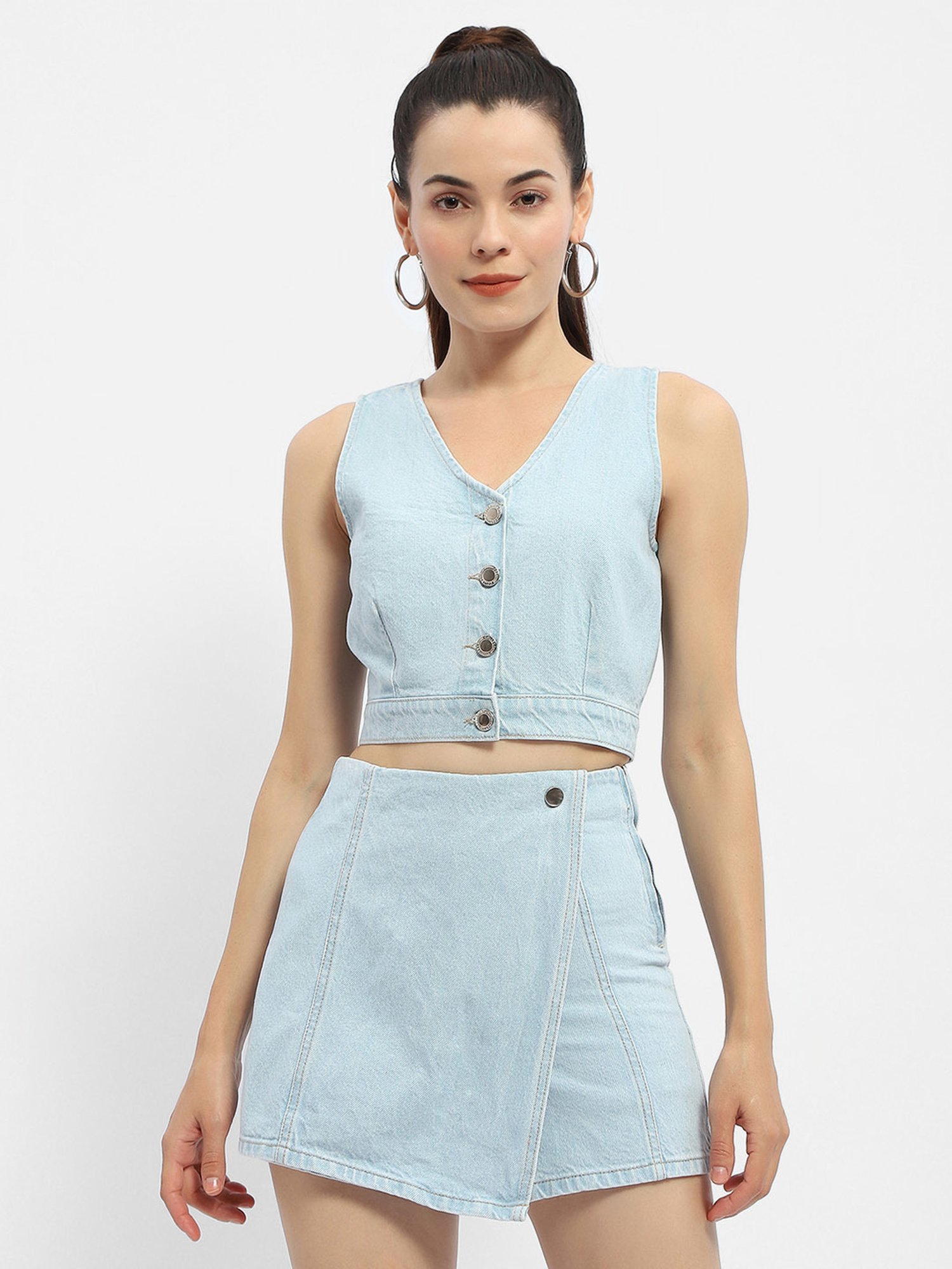 MADAME Light Blue Cotton Regular Fit Crop Top